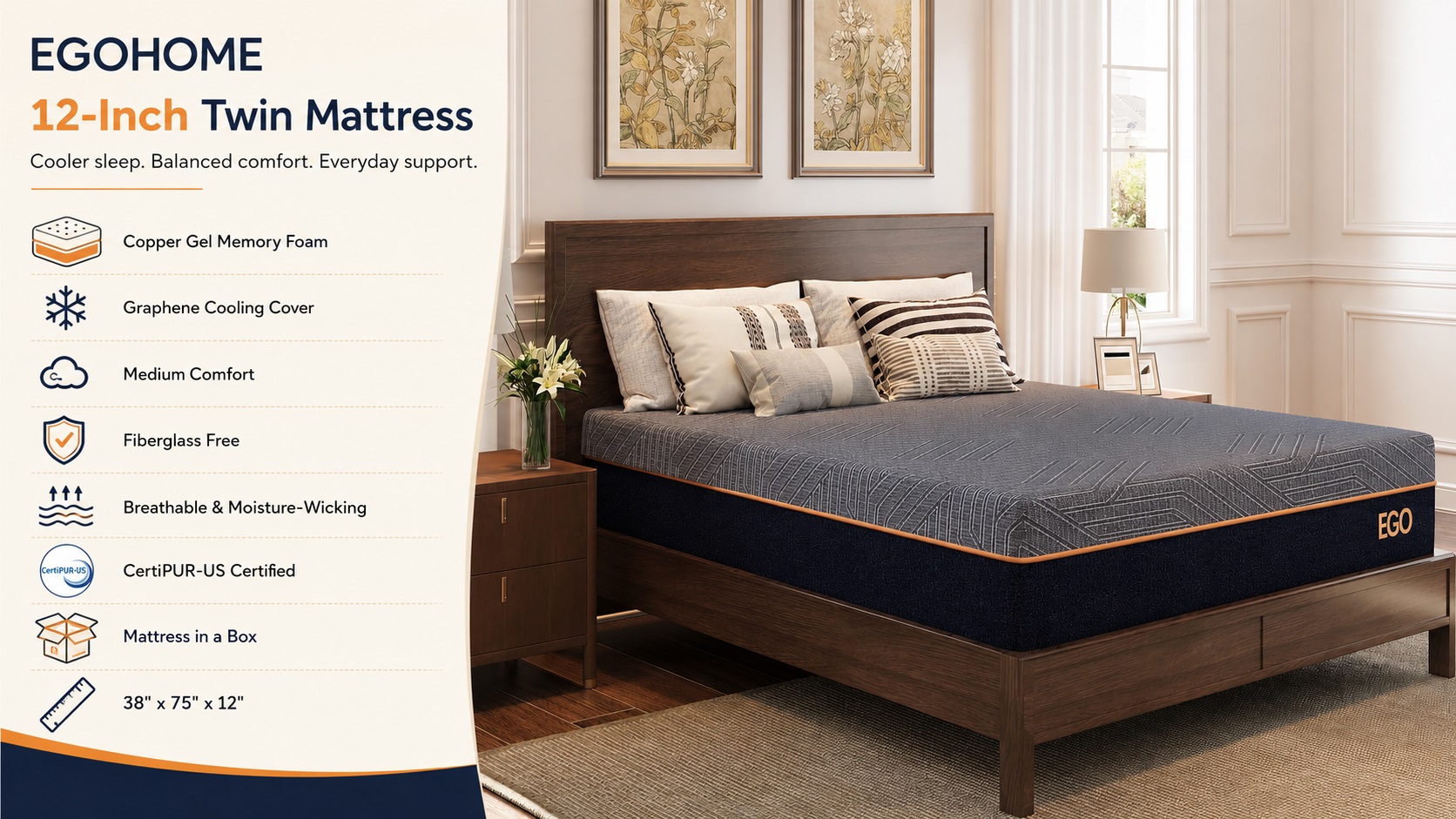 Warm home bedroom setup featuring EGOHOME 12-Inch Twin mattress with dark gray geometric jacquard cover and orange piping, emphasizing graphene cooling cover, copper gel memory foam, and fiberglass-free safety.