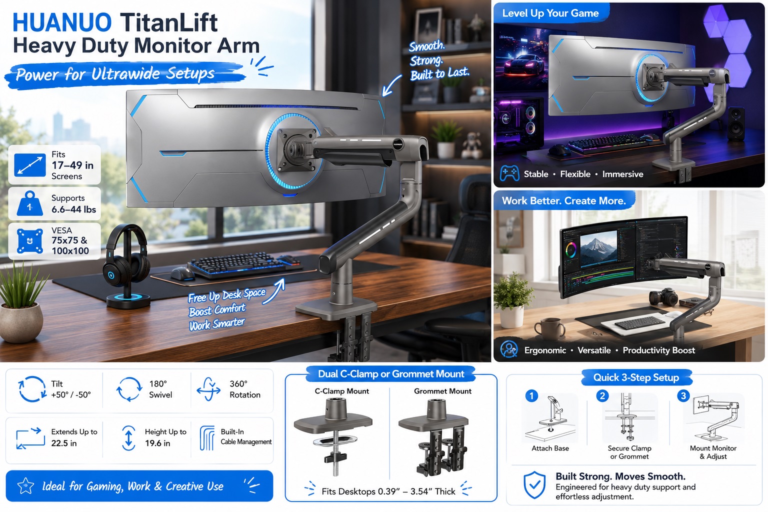 An image promoting the HUANUO TitanLift Heavy Duty Monitor Arm, designed specifically for heavy and large ultrawide monitors. It features a main shot of an ultrawide monitor on the arm and smaller panels showing its use for leveling up gaming and creation. The image also lists technical specifications.