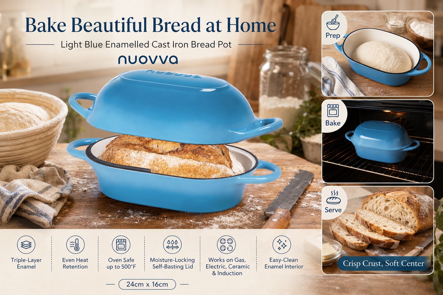 A light blue, elongated enameled cast iron bread pot on a rustic wooden table. The base holds a classic batard-style loaf with a crisp, scored crust, and the domed lid is partially lifted. Preparation, baking in the oven, and serving steps are depicted in small inset photos.