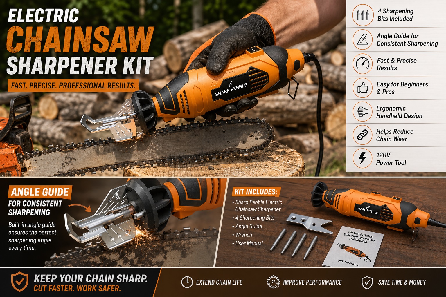 An infographic showing a person holding a 'Sharp Pebble' electric chainsaw sharpener with an orange and black handle, sharpening the chain of a chainsaw. Callouts highlight: built-in angle guide, fast & precise results, and 120V power tool. It also shows the complete kit including sharpening bits, angle guide, and wrench, with the text 'KEEP YOUR CHAIN SHARP. CUT FASTER. WORK SAFER.'