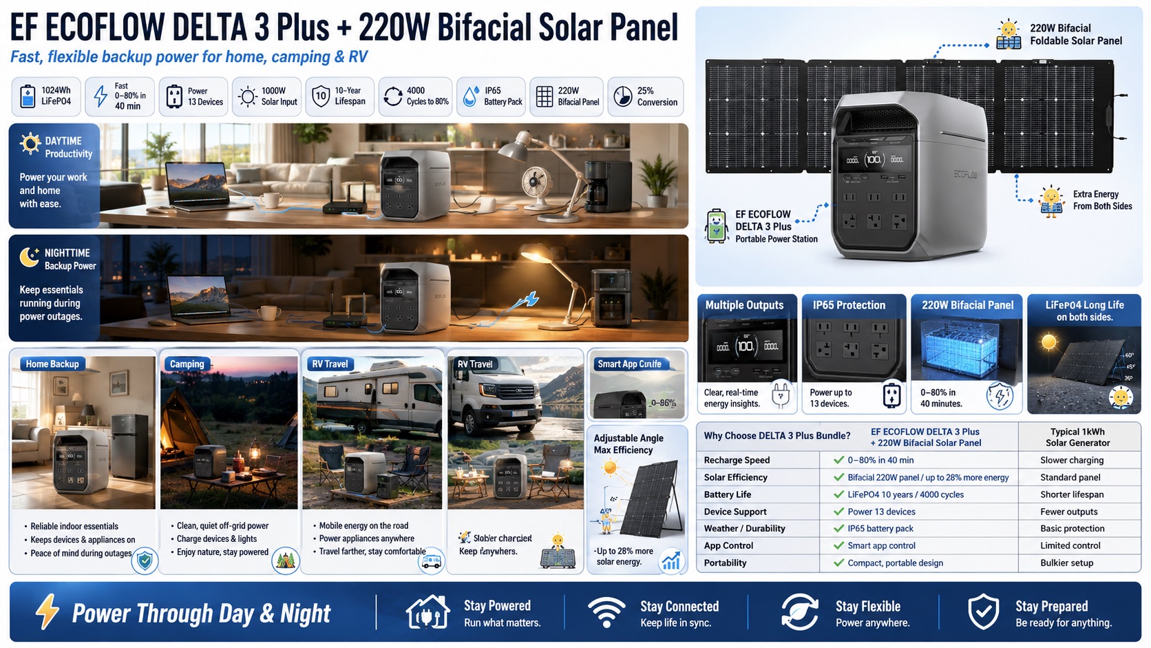Promotional infographic for the EcoFlow DELTA 3 Plus Portable Power Station + 220W Bifacial Solar Panel Bundle. Panorama shows daytime and nighttime usage scenarios. Key spec icons for 1024Wh LFP battery, 40 min charge, 13 outputs, 1000W solar input, 10-year lifespan, IP65 battery pack, 220W bifacial panel, and 25% conversion are shown at the top. Below are feature close-up insets for multi-ports, IP65 protection, the included 220W bifacial panel, and LFP battery lifespan. The bottom features application scenario icons and a comparison chart (DELTA 3 Plus vs. Typical 1kWh Solar Generator).