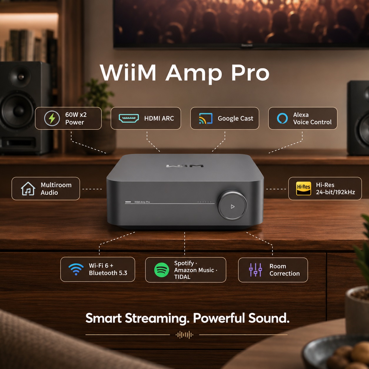 WiiM Amp Pro high-fidelity streaming amplifier features: 60W x2 power, HDMI ARC, Google Cast, Alexa Voice Control, multiroom audio, Hi-Res 24-bit/192kHz, Wi-Fi 6 + Bluetooth 5.3, Spotify/Amazon Music/TIDAL support, and room correction.