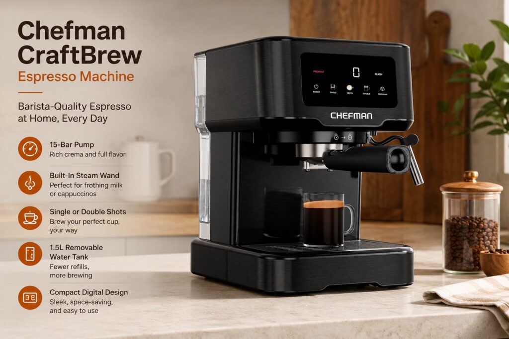 A Chefman CraftBrew Espresso Machine on a kitchen counter brewing a rich cup of espresso with crema. The sleek black machine features a digital interface, a built-in steam wand for frothing milk, a 15-bar pump, and a 1.5L removable water tank.