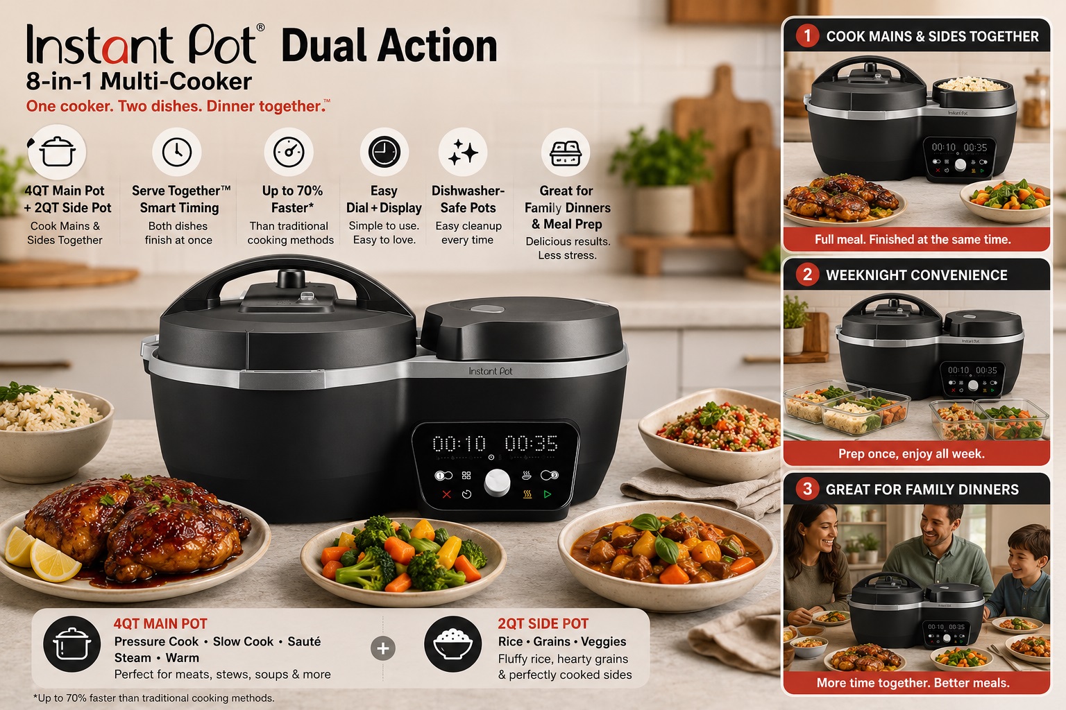 Product detail graphic for the Instant Pot Dual Action 8-in-1 Multi-Cooker, highlighting the independent 4QT main pot and 2QT side pot with smart timing to finish dishes together.