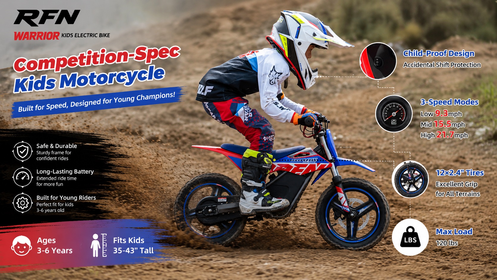 RFN Warrior competition-spec kids electric motorcycle product display, showing a child riding on a dirt race track, highlighting features such as child-proof design, 3-speed modes up to 21.7 mph, and knobby tires.