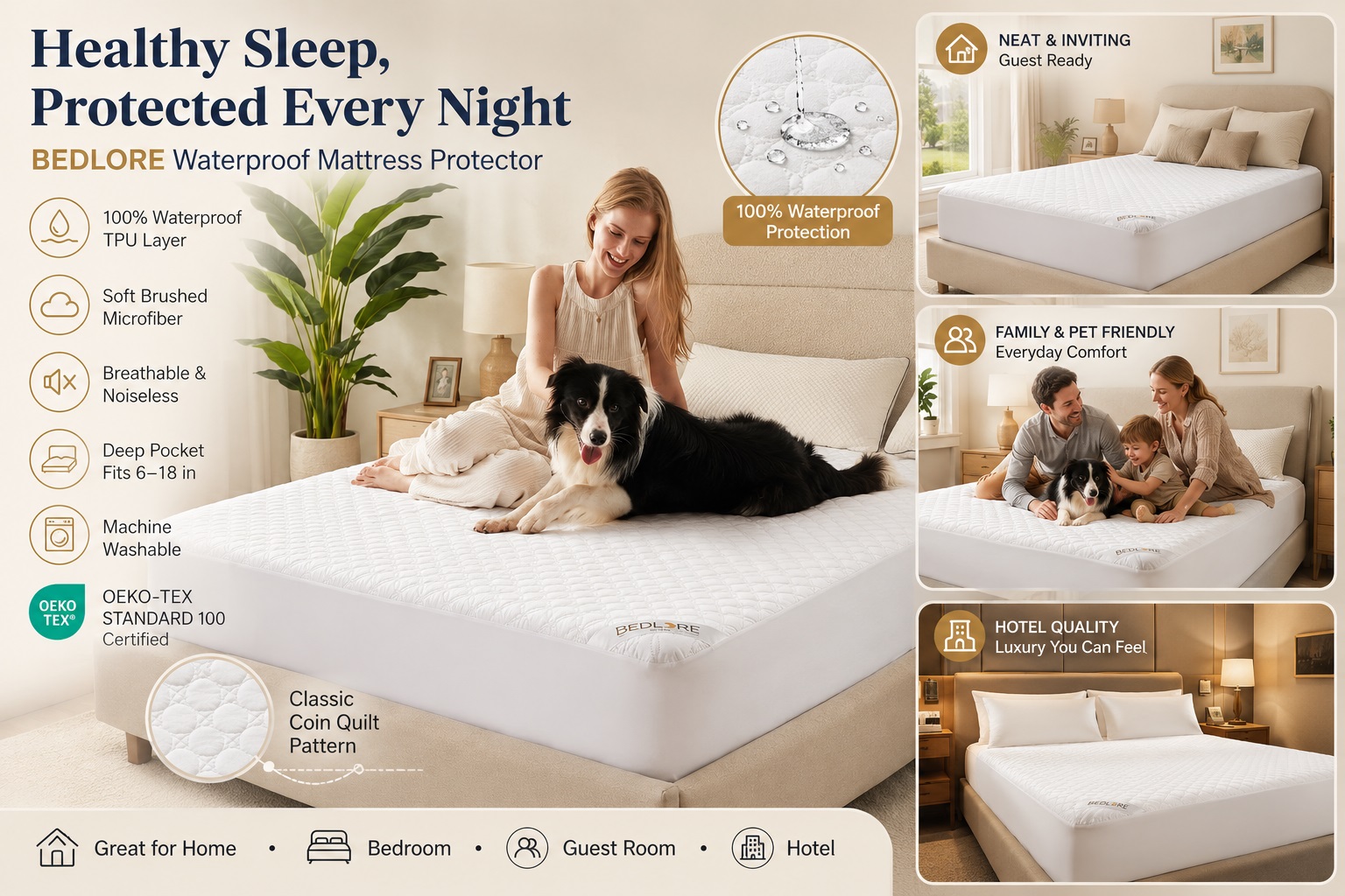 Highlighting banner for BEDLORE White Waterproof Mattress Protector, featuring a smiling woman sitting on a white quilted bed next to her border collie. Right panels display the protector styled in cozy guest rooms, family-friendly spaces, and hotel-style bedrooms.