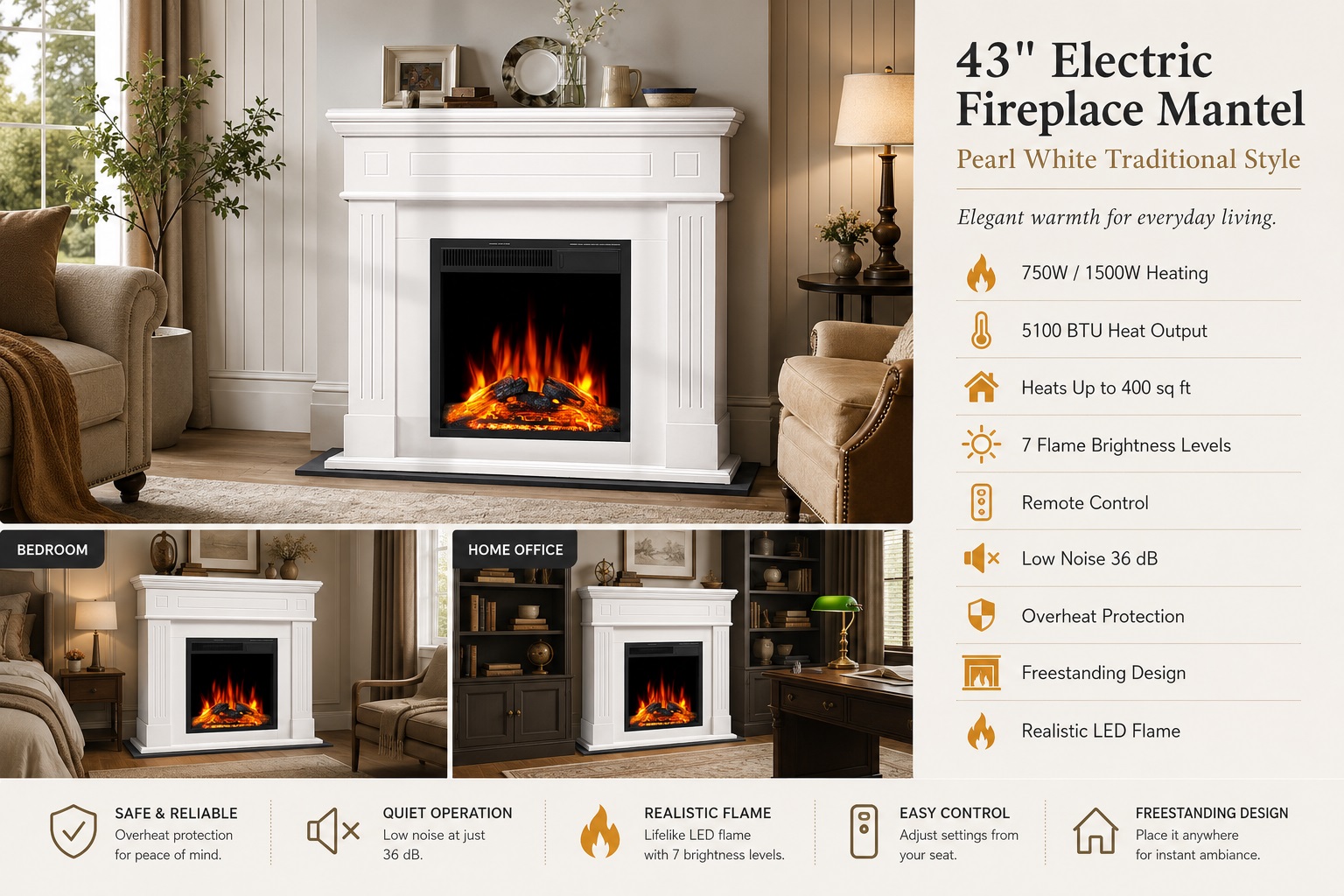 Infographic for R.W.FLAME 43" Electric Fireplace Mantel, Pearl White Traditional Style. Showcases 1500W/5100 BTU heater with realistic LED flame and low noise (36 dB). Lists features: overheat protection, freestanding design, and 7 flame brightness levels. Photos include bedroom and home office use.