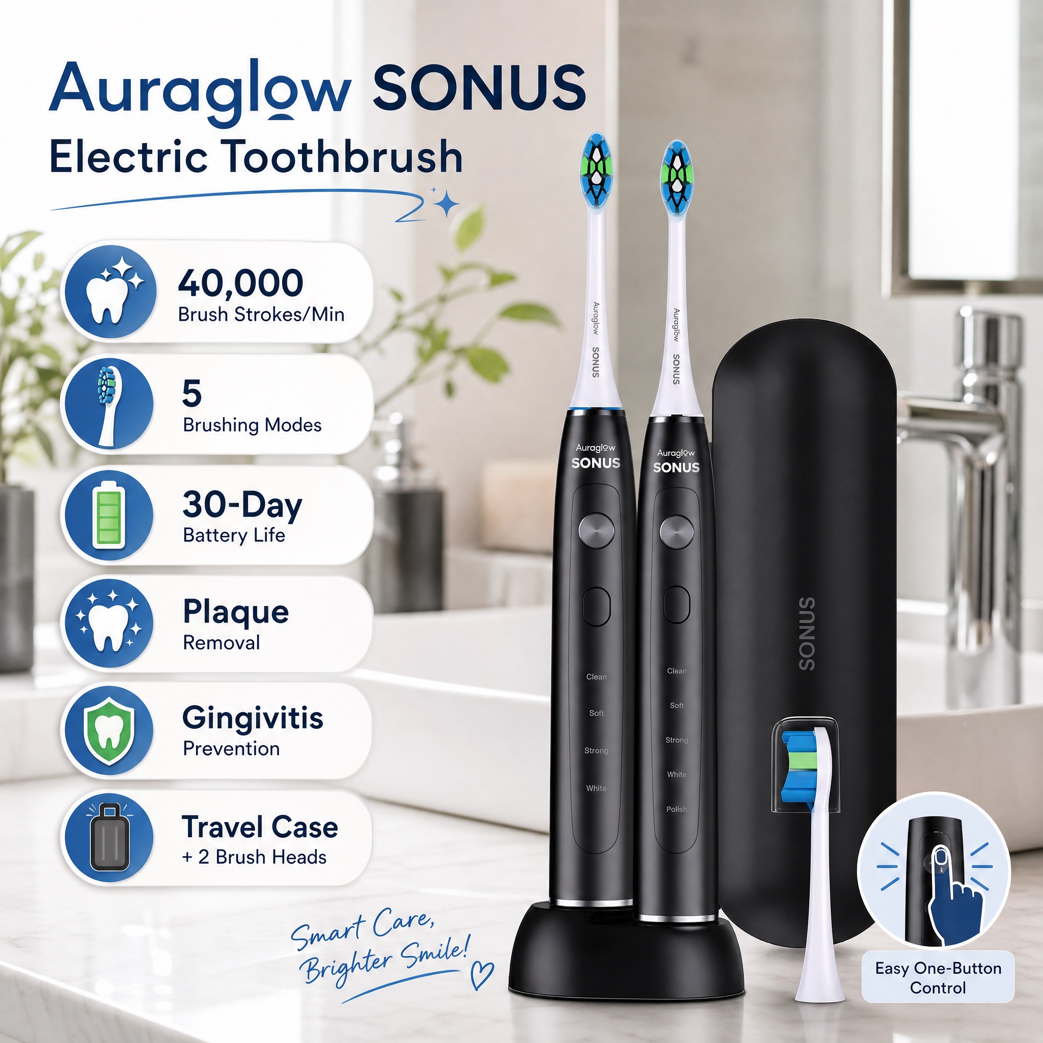 Two black Auraglow SONUS Sonic Electric Toothbrushes standing on a wireless charging base next to a matte black travel case, displaying text for 40,000 brush strokes per minute and 5 brushing modes.