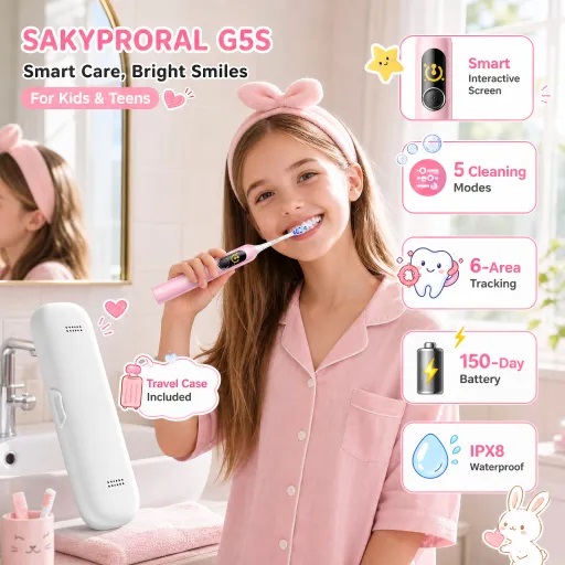 SAKYPRORAL G5S Pink Kids Electric Toothbrush with a smart interactive screen, shown with a smiling young girl brushing her teeth. Features highlighted include 5 Cleaning Modes, 6-Area Tracking, 150-Day Battery, and IPX8 Waterproofing.