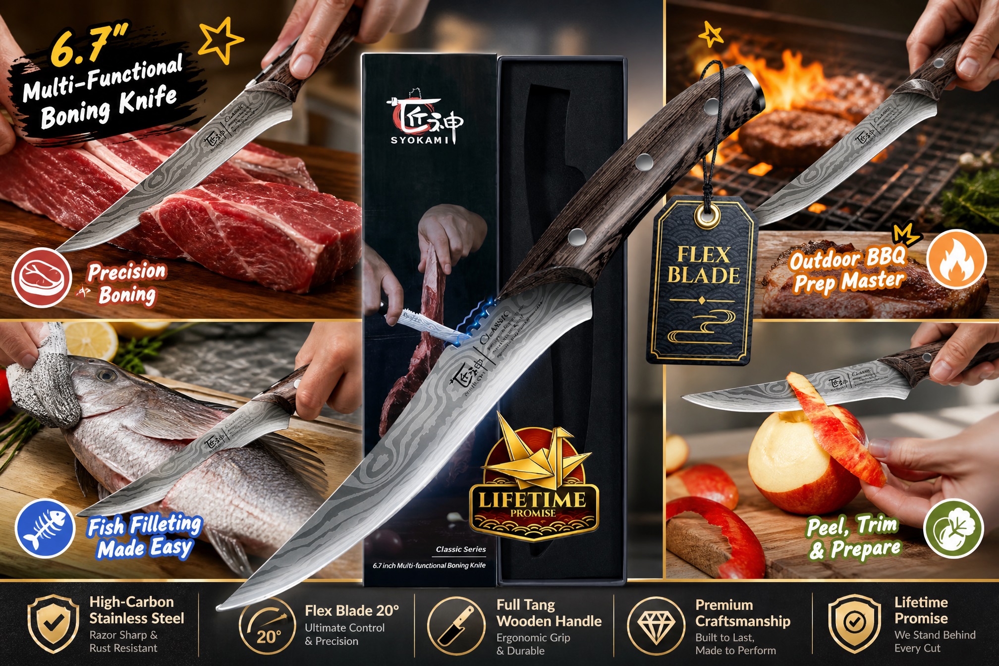 SYOKAMI 6.7-inch flexible multi-functional boning knife with a high-carbon stainless steel blade, shown filleting fish, trimming meat, and prepping BBQ.