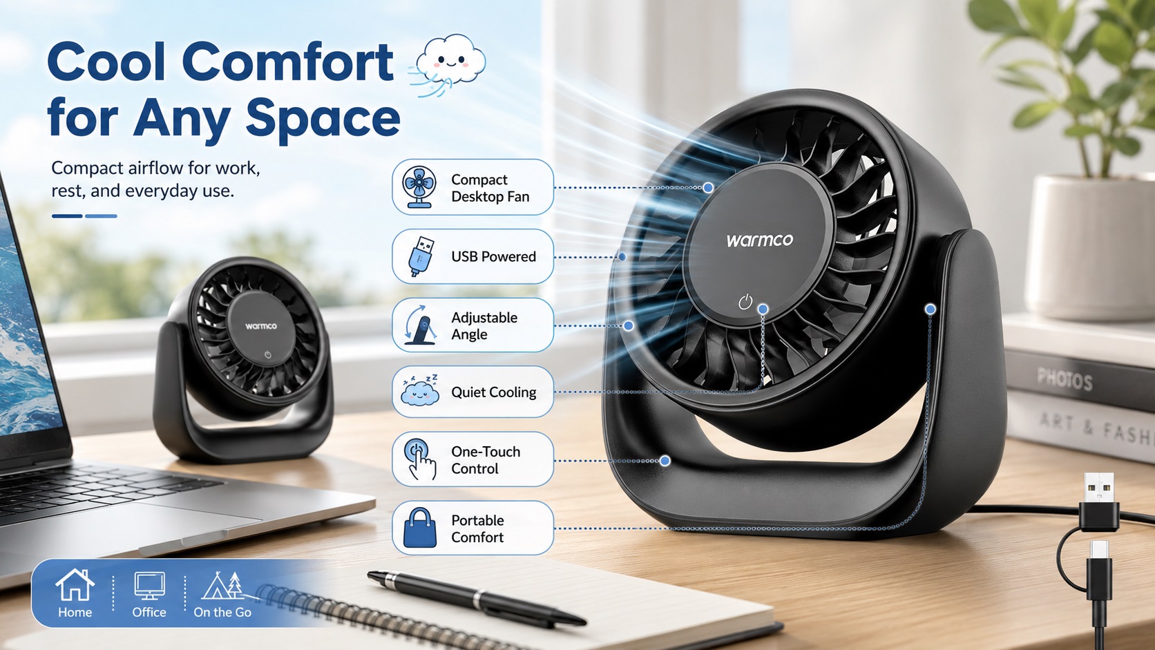 A product informational infographic image for a Warmco brand black, round, USB portable desktop fan, set against a sunny office desk background, with two different sized same model fans placed on the left, and product detail explanations on the right. In the top-left, there is an English title "Cool Comfort for Any Space" and subtitle "Compact airflow for work, rest, and everyday use.". Six key features are highlighted and explained with icons and text on the right: at the top-left, a desk fan icon with text "Compact Desktop Fan"; at the mid-left, a USB plug icon with text "USB Powered"; at the bottom-left, an icon with a circulatory arrow and a stand with text "Adjustable Angle"; at the top-right, an icon with a sleeping expression with text "Quiet Cooling"; at the mid-right, an icon with a restriction icon with text "One-Touch Control"; at the bottom-right, an icon with a school bag icon with text "Portable Comfort". At the very bottom-left, three small icons (clip, hook, desk base) with English text "Home", "Office", "On the Go". There are a laptop, pen, notebook and plant on the desk, creating a comfortable working atmosphere.