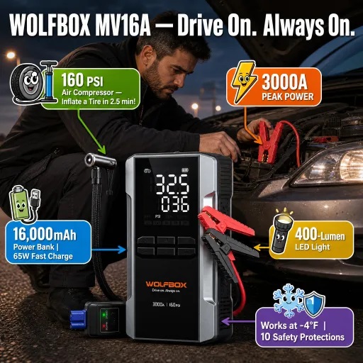 Promotional image for the WOLFBOX MV16A Jump Starter with Air Compressor.