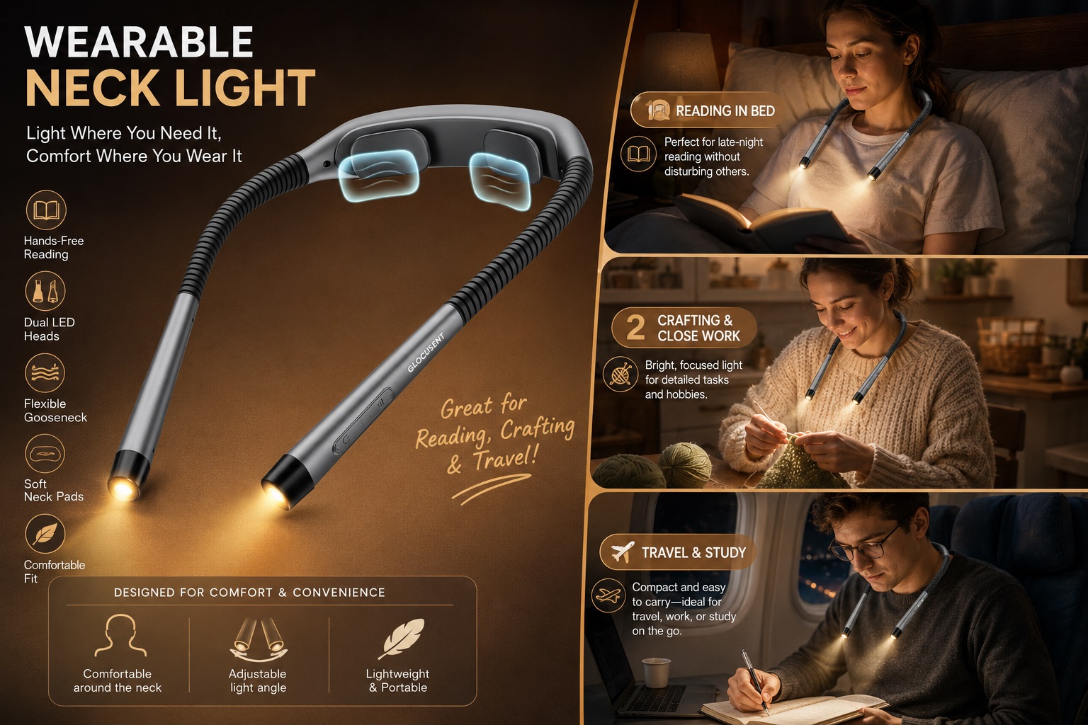 Glocusent Ergonomic Wearable Neck Light with soft neck pads, dual adjustable LED heads, and flexible design for reading, crafting, and travel.