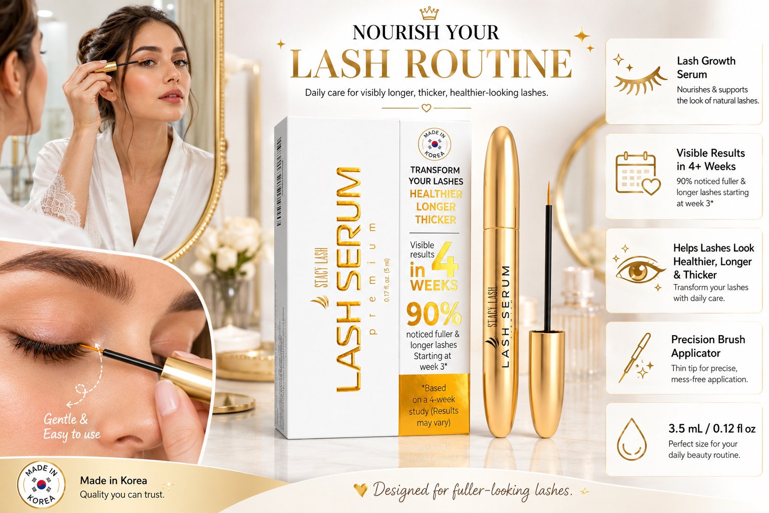 Stacy Lash Premium Lash Serum in luxury gold packaging with precision brush applicator, showing 4-week natural lash growth, thickening results, and a woman applying serum near a mirror.