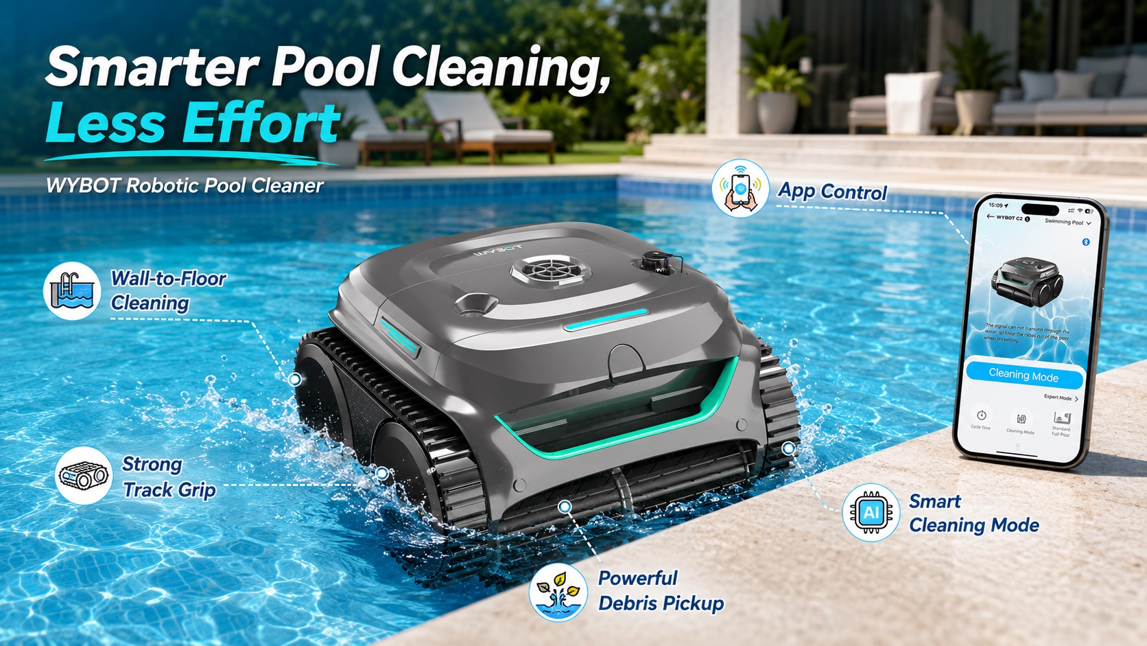 Grey WYBOT Robotic Pool Cleaner in clear blue pool water alongside a smartphone, highlighting AI smart cleaning mode, strong track grip, powerful debris pickup, and app control.