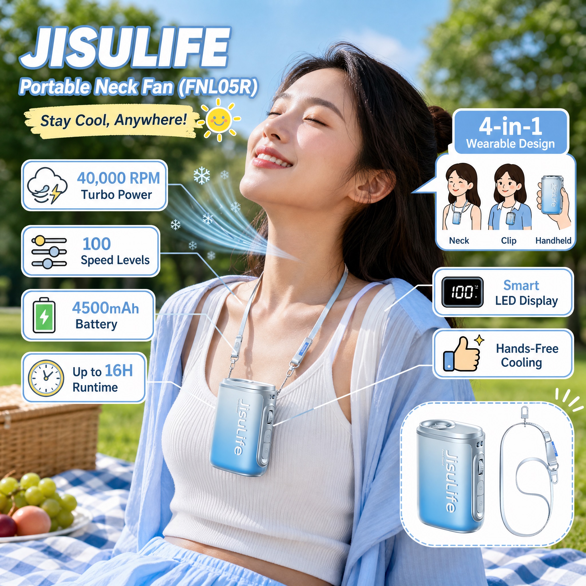 A vibrant summer picnicking image of a young woman outdoors in the sunshine, closing her eyes as she enjoys a blue cool breeze from a blue-to-white gradient JISULIFE portable neck fan (FNL05R) hanging around her neck.