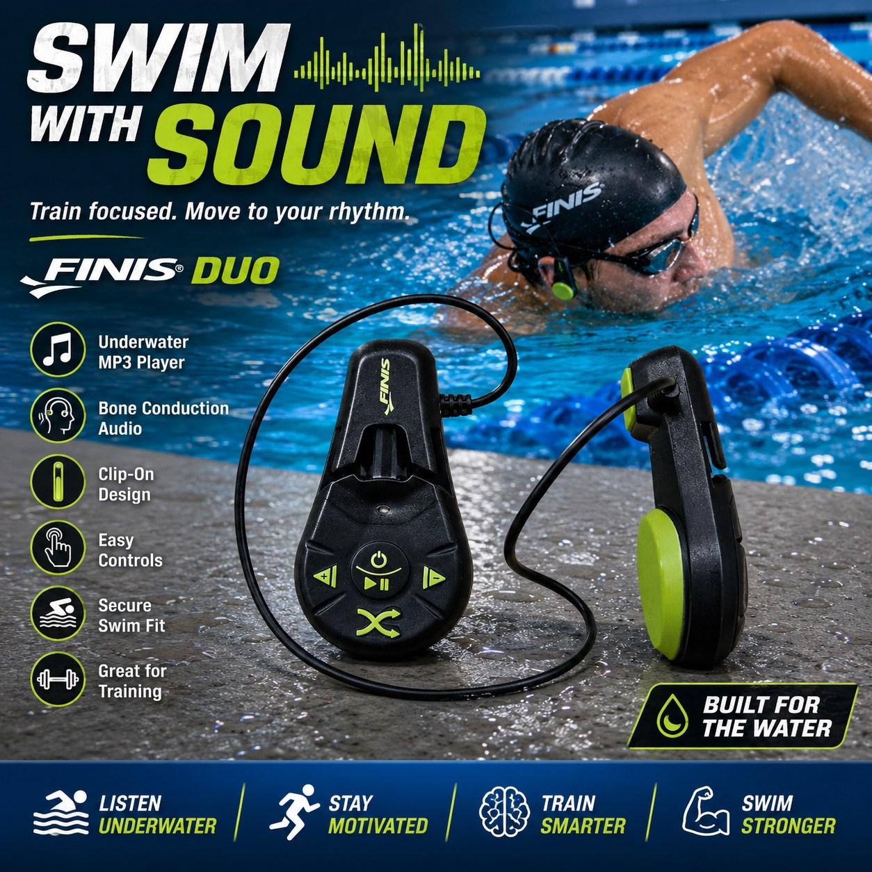 FINIS Duo Underwater MP3 Player with bone conduction audio and clip-on design, showcased on the pool deck next to a swimmer wearing the device.