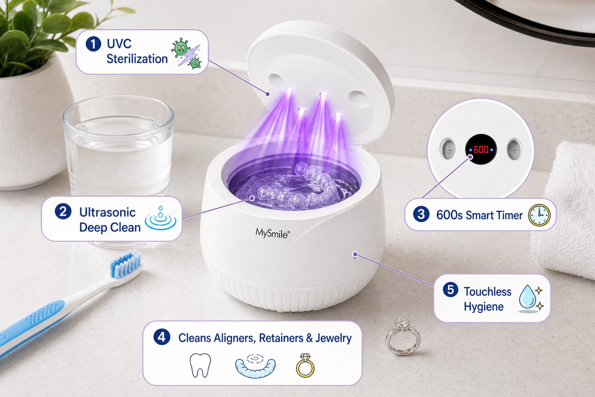 Infographic for the MySmile Ultrasonic Cleaner, a white device shown open on a bathroom counter with a dental retainer inside being sterilized by UVC light. Bubbles with numbers indicate features: 1. UVC Sterilization, 2. Ultrasonic Deep Clean, 3. 600s Smart Timer, 4. Cleans Aligners, Retainers & Jewelry, 5. Touchless Hygiene. An inset image shows the digital display. A toothbrush and a ring are nearby.