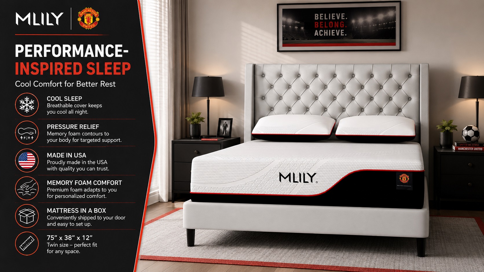 Sports-themed bedroom displaying MLILY Manchester United edition performance mattress, featuring distinctive red and black racing stripe accents, cool sleep cover, pressure relief, and premium foam made in the USA.
