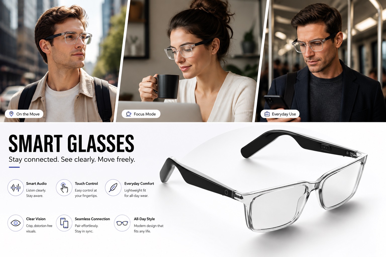 Promotional banner for Clear Smart Eyeglasses with transparent frames and black temples. Top three photos show individuals using the glasses on the move, focusing at work, and on daily transit. Bottom text and icons highlight Smart Audio, Touch Control, Everyday Comfort, Clear Vision, Seamless Connection, and All-Day Style.