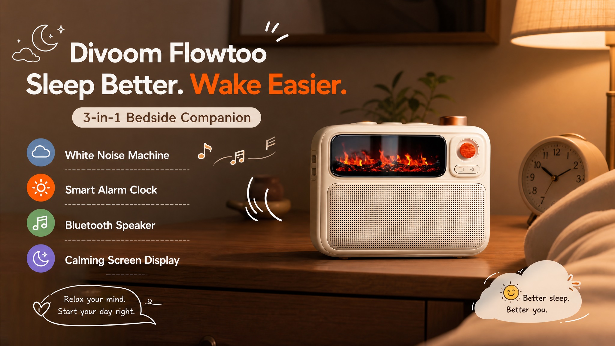 Divoom Flowtoo 3-in-1 bedside companion featuring a realistic simulated fireplace flame display, white noise machine, smart alarm, and Bluetooth speaker.