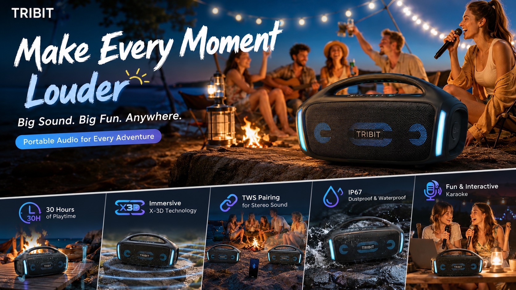 A promotional image for the TRIBIT StormBox Blast high-power portable Bluetooth speaker at a night camping party. A large black speaker with blue LED lights and a handle is on a rock. In the background, a night campsite where friends are singing, playing guitar, and toasting by a campfire. The titles at the top are "Make Every Moment Louder" and "Big Sound. Big Fun. Anywhere." Feature icons at the bottom show: 30 hours of playtime, immersive X-3D technology, TWS pairing, IP67 dustproof & waterproof, and karaoke function.