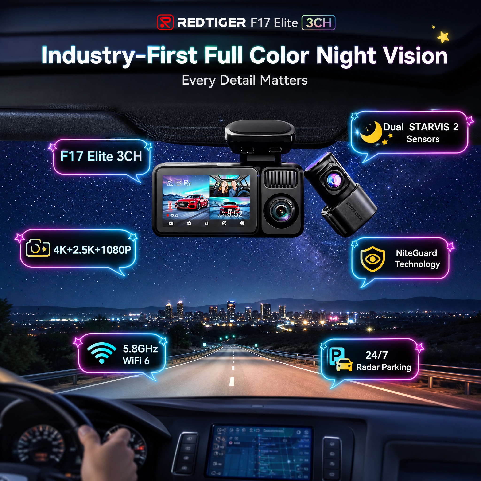REDTIGER F17 Elite 3CH Dash Cam operating at night with the banner "Industry-First Full Color Night Vision," showcasing 4K+2.5K+1080P recording, Dual STARVIS 2 sensors, NiteGuard technology, 5.8GHz WiFi, and 24/7 Radar Parking Mode.