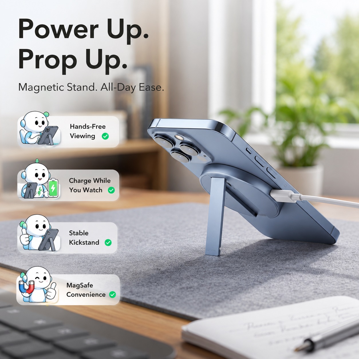 An advertisement image titled "Power Up. Prop Up. Magnetic Stand. All-Day Ease." features a blue-colored iPhone propped up by a blue, puck-shaped magnetic stand with an integrated kickstand on a grey mat desk. A white charging cable is connected to the stand's base.