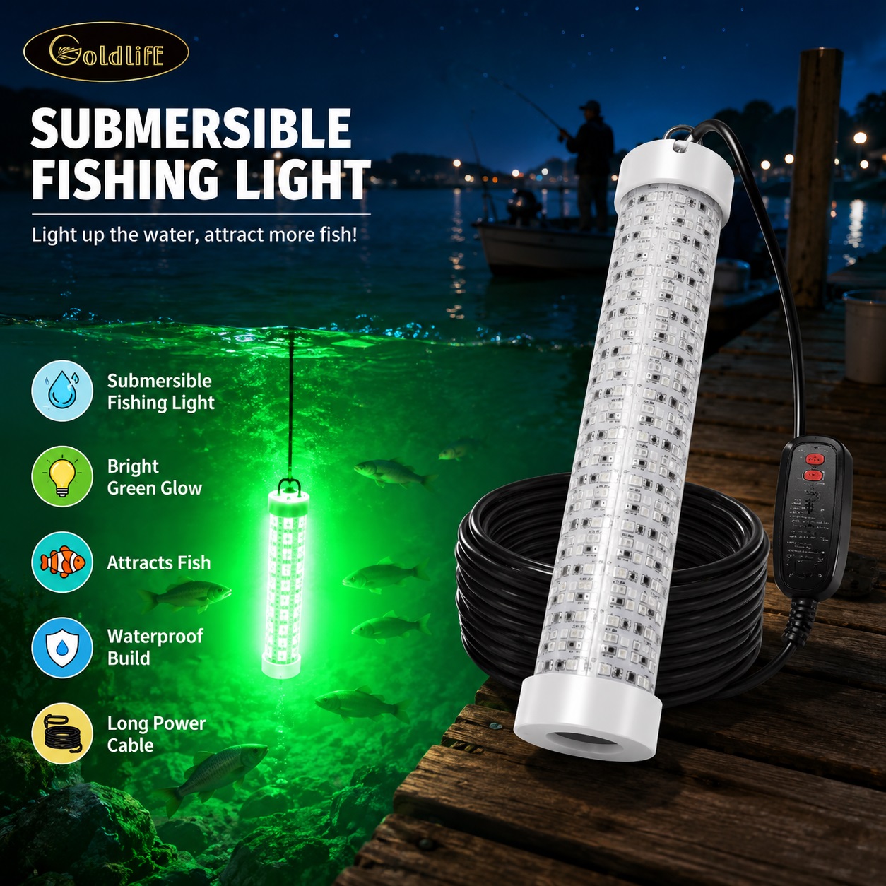 Goldlife 400W underwater green LED fishing light tube with a long black cable sitting on a wooden dock, with a split-screen view showing the bright green light glowing submerged underwater attracting fish.