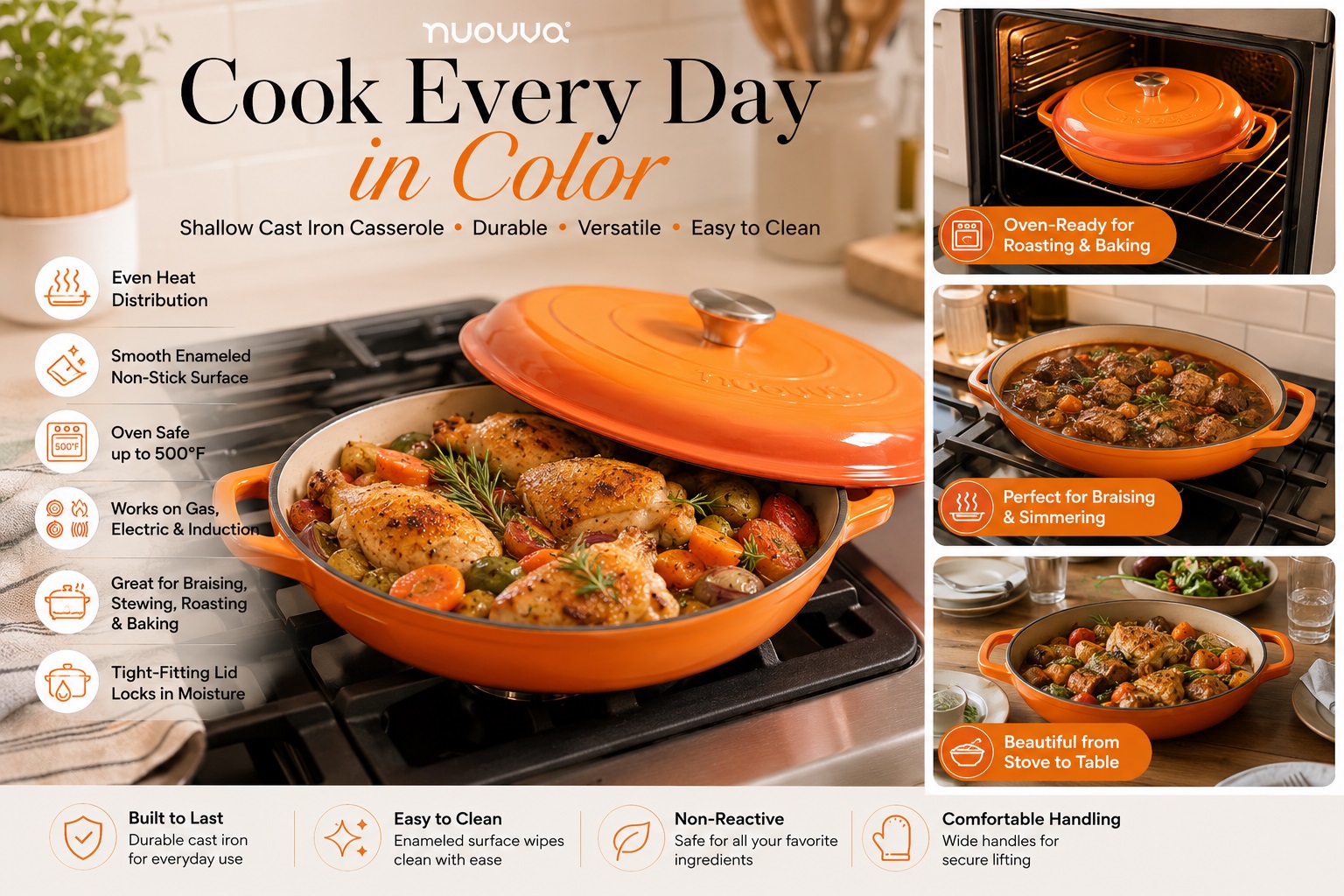 An orange-red, low-profile enameled cast iron casserole dish on a gas stove, filled with roasted chicken thighs, carrots, potatoes, and rosemary. The lid is slightly askew. Inset images on the right side highlight its use for roasting, braising, and serving from stove to table.