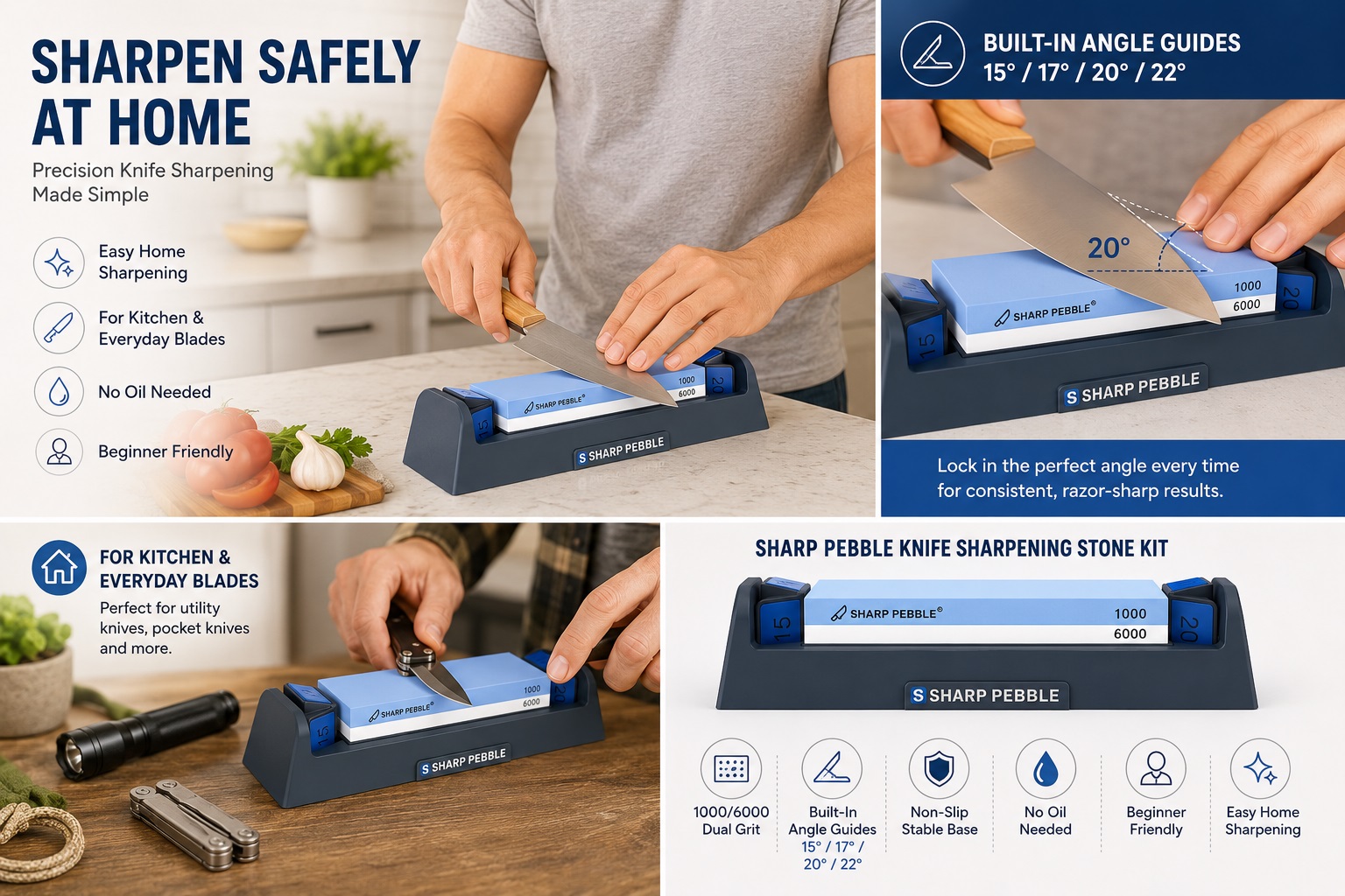 An infographic showing a person using a 'Sharp Pebble' whetstone sharpening stone kit, which has a blue and white dual-grit stone in a blue plastic base, to sharpen a chef's knife. Callouts highlight: built-in angle guides for 15°, 17°, 20°, and 22°. It also notes that the kit needs no oil, with the text 'SHARPEN SAFELY AT HOME. PRECISION KNIFE SHARPENING MADE SIMPLE.'