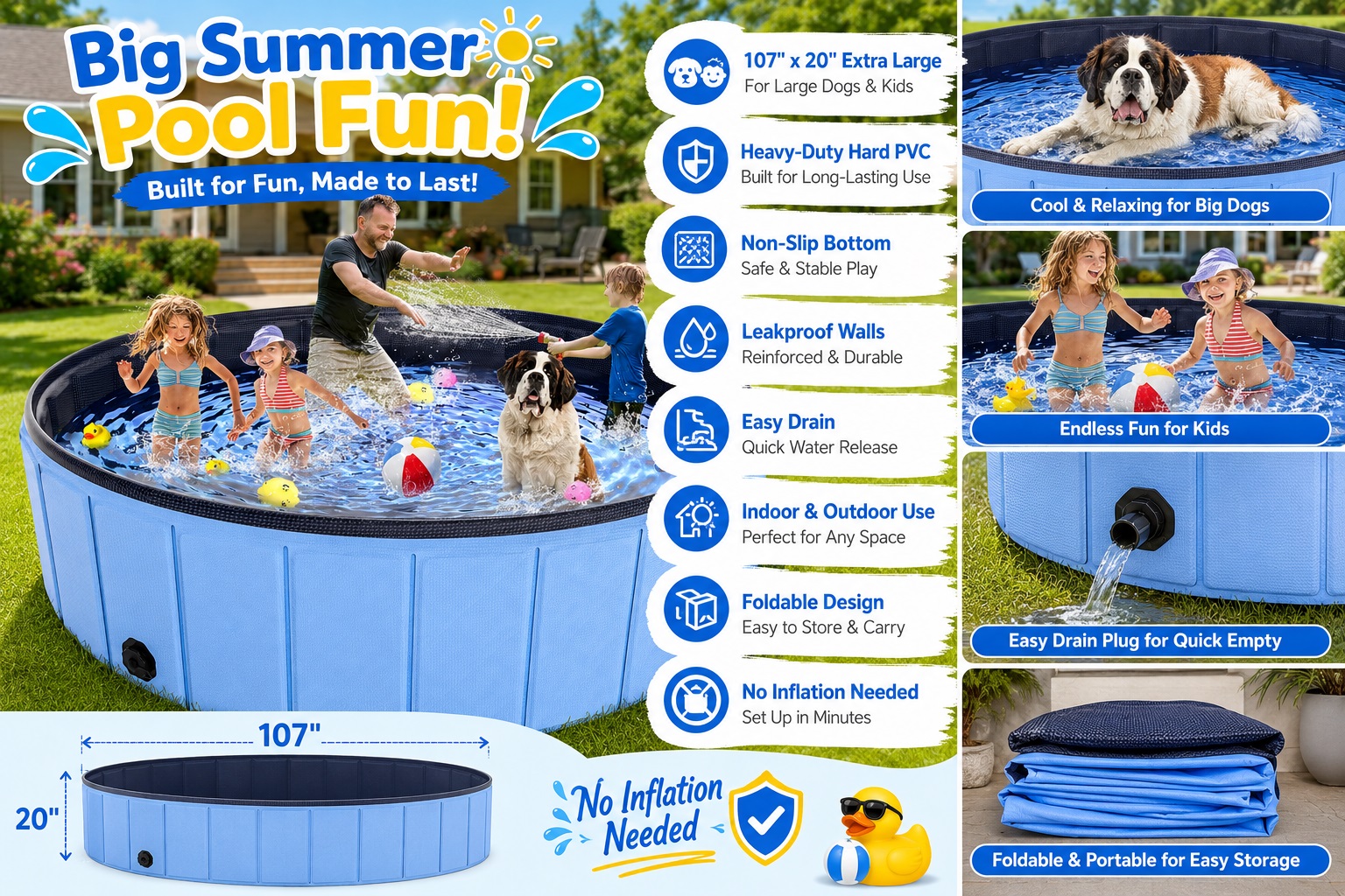 A giant 107 by 20 inches foldable swimming pool on a backyard lawn where a father, two children, and a large St. Bernard dog are splashing water. Icons detail features including heavy-duty hard PVC, leakproof walls, and quick empty drain plug.