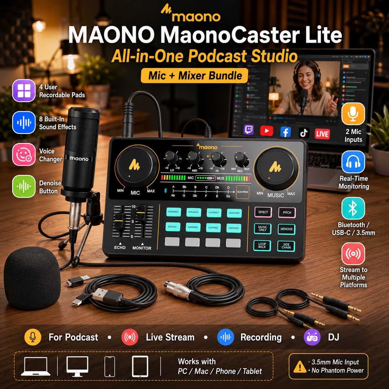 A full promotional setup of the MAONO MaonoCaster Lite All-in-One Podcast Studio kit. Icons surrounding the mixer and mic describe built-in sound effects, denoise button, real-time monitoring, 2-mic inputs, and multi-platform streaming capability.
