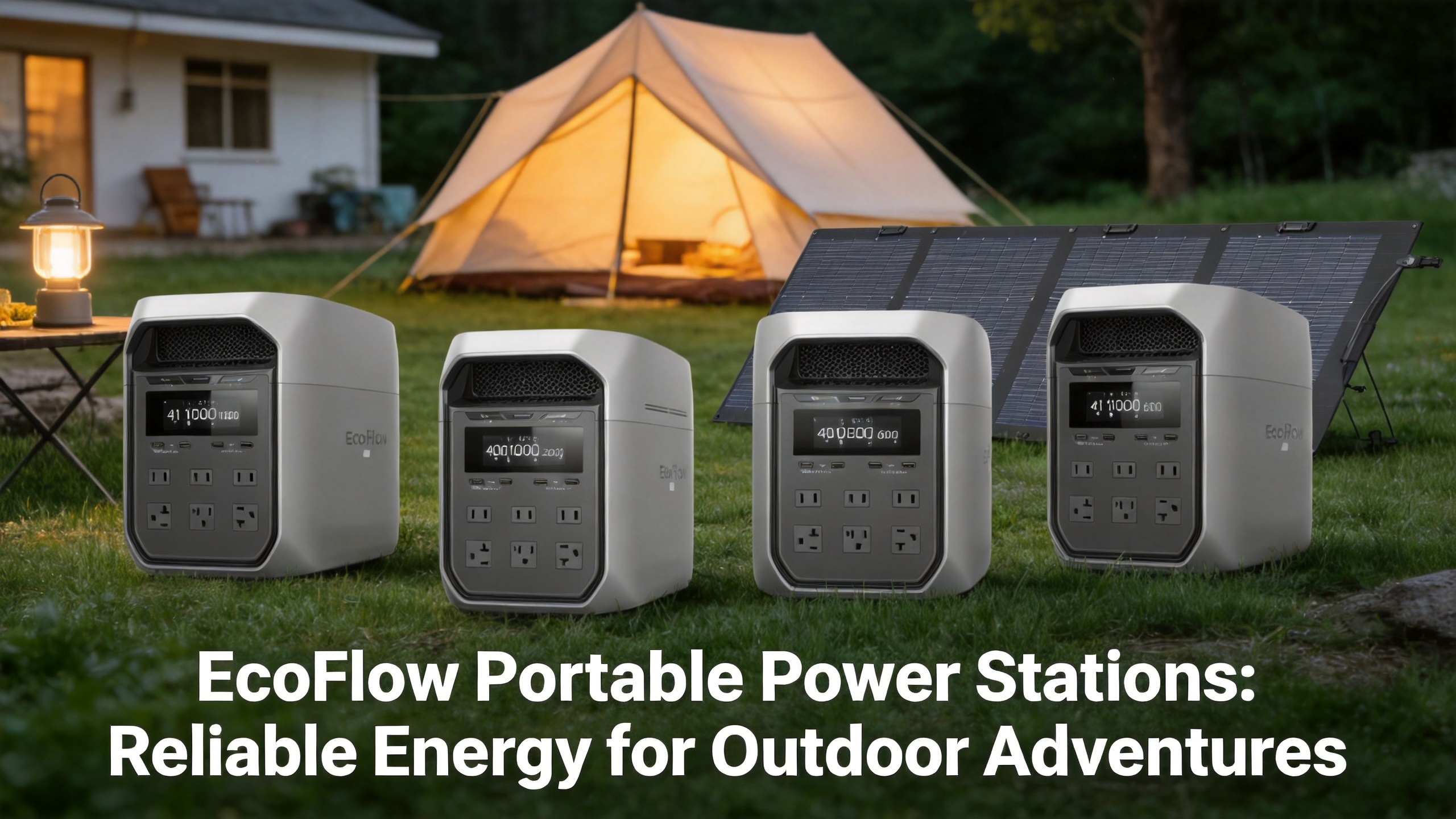 Outdoor panoramic view of four EcoFlow DELTA series portable power stations lined up on grass. Unfolded solar panels and a camping tent are in the background, with a camping lantern nearby. A text label in the front reads "EcoFlow Portable Power Stations: Reliable Energy for Outdoor Adventures".