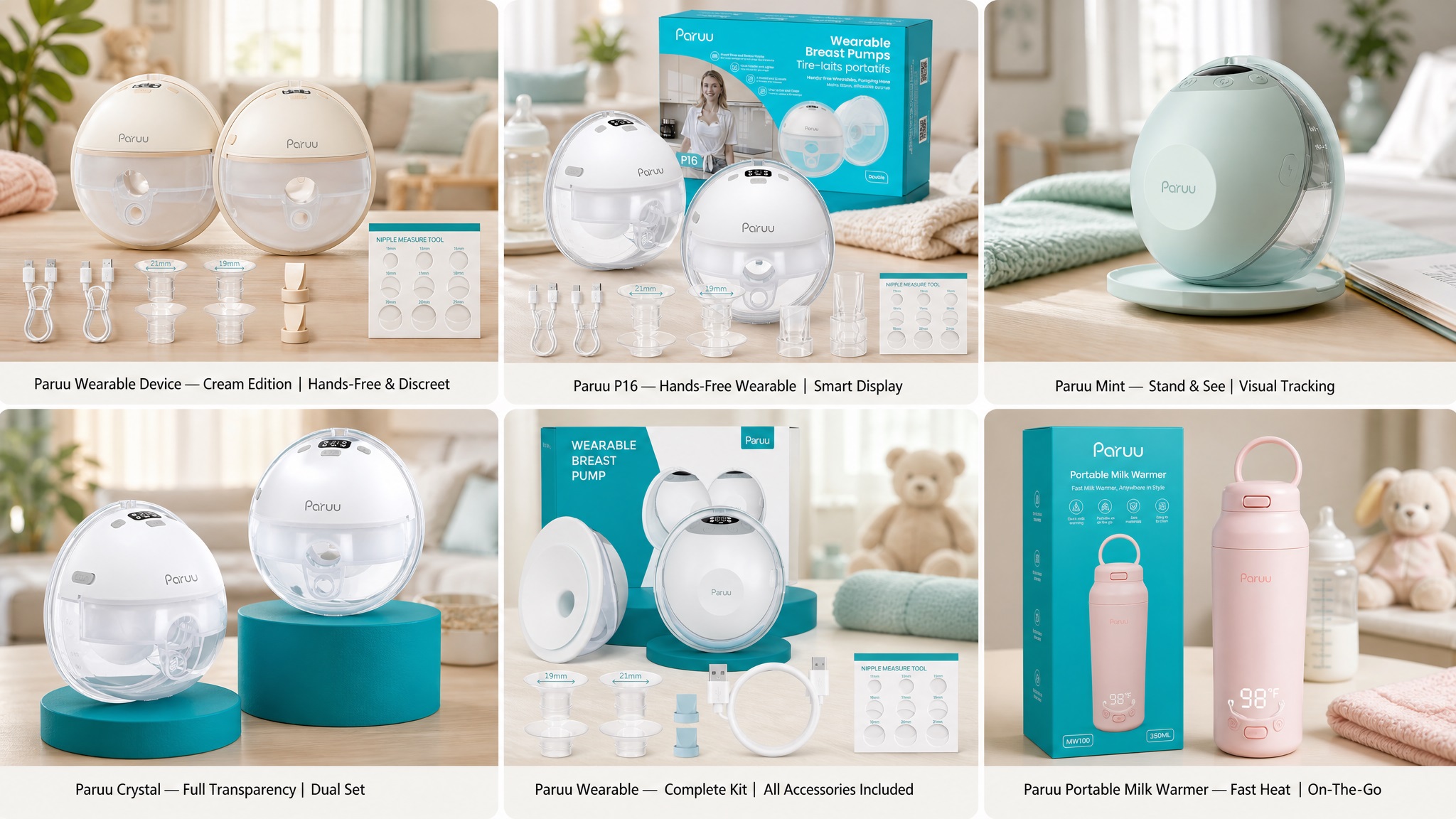 A collection of images displaying various Paruu products: cream, white, and mint wearable breast pumps, a crystal transparent set, a complete kit with accessories, and a portable pink milk warmer.