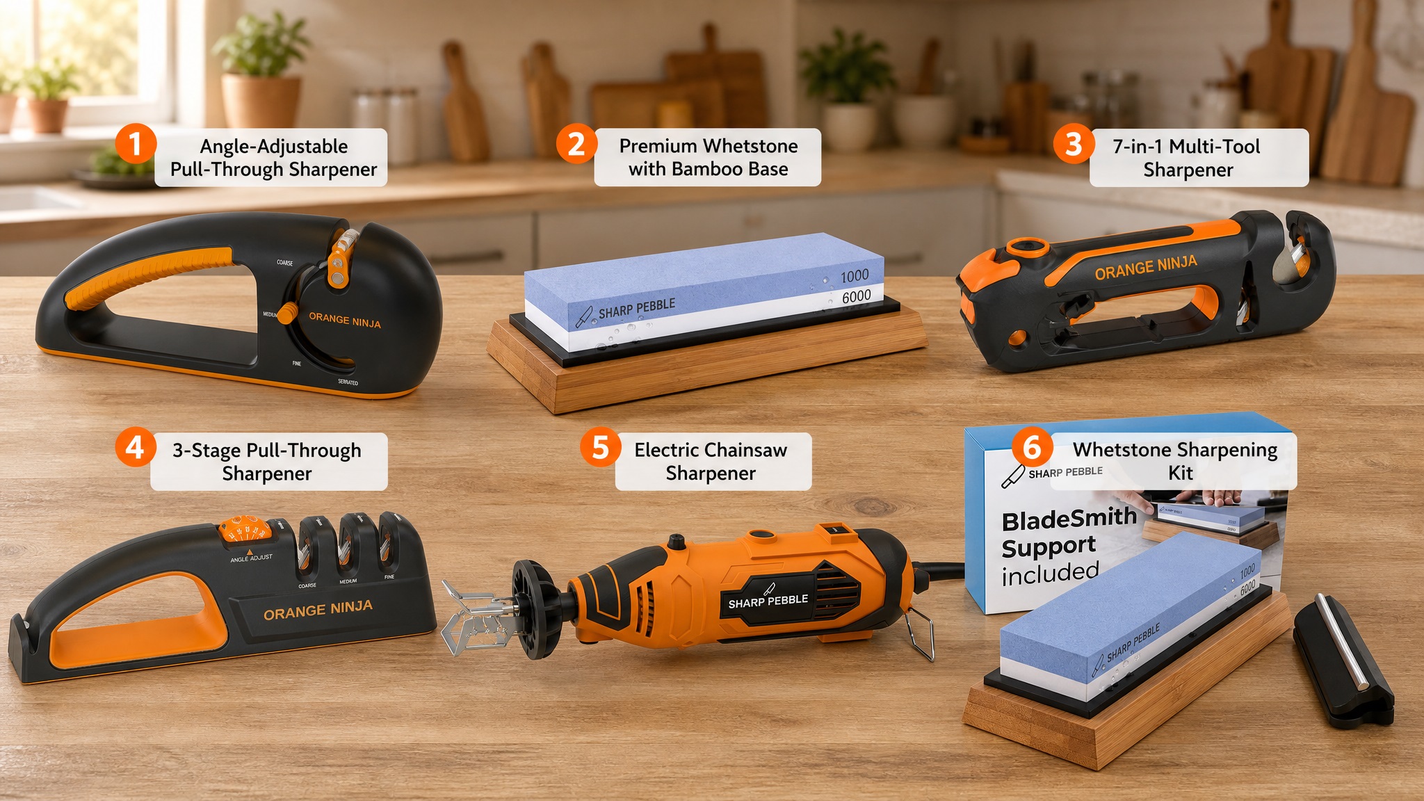 A photograph in a kitchen setting showing six different knife sharpening tools arranged neatly on a wooden table. The background is a blurred kitchen. The tools include: an angle-adjustable pull-through sharpener (labeled 1), a premium whetstone on a bamboo base (labeled 2), a 7-in-1 multi-tool sharpener (labeled 3), a 3-stage pull-through sharpener (labeled 4), an electric chainsaw sharpener (labeled 5), and a whetstone sharpening kit box (labeled 6).