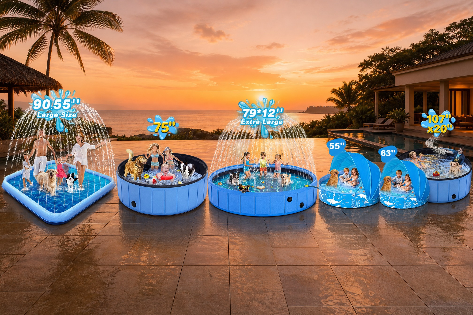 A product line comparison display of five different sizes of splash pads and pools arranged on an outdoor patio at sunset, ranging from a 90.55-inch square splash pad to 55-inch and 63-inch canopy pools, up to a 107-inch giant pool.