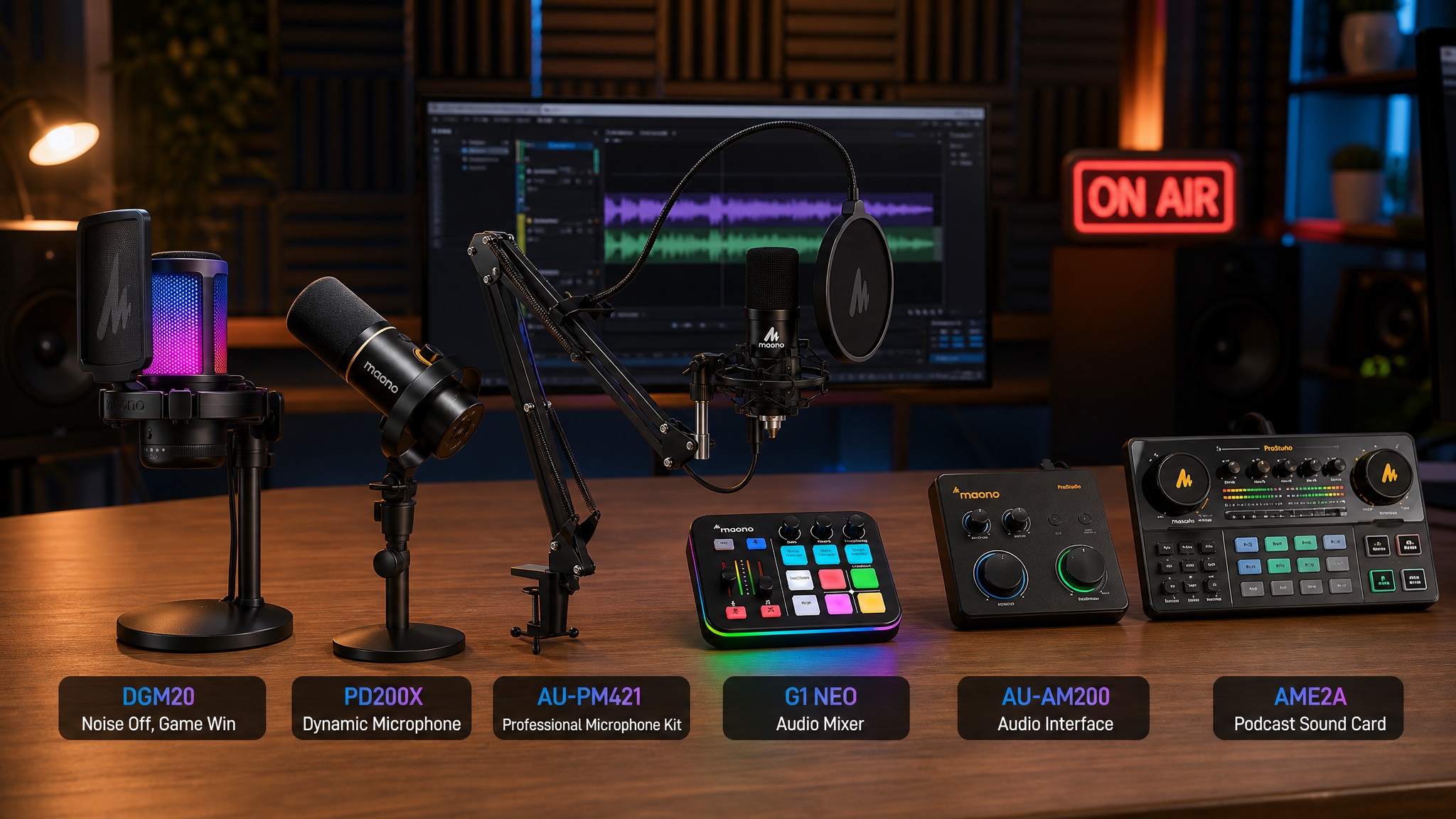 A dynamic wide-angle promotional composite showing several MAONO audio products arranged on a wooden desk with gaming and recording backgrounds. The products, including mics and mixers, are labeled DGM20S, PD200W, G1 NEO, AU-A04, PS22 Lite, and MaonoCaster Lite.