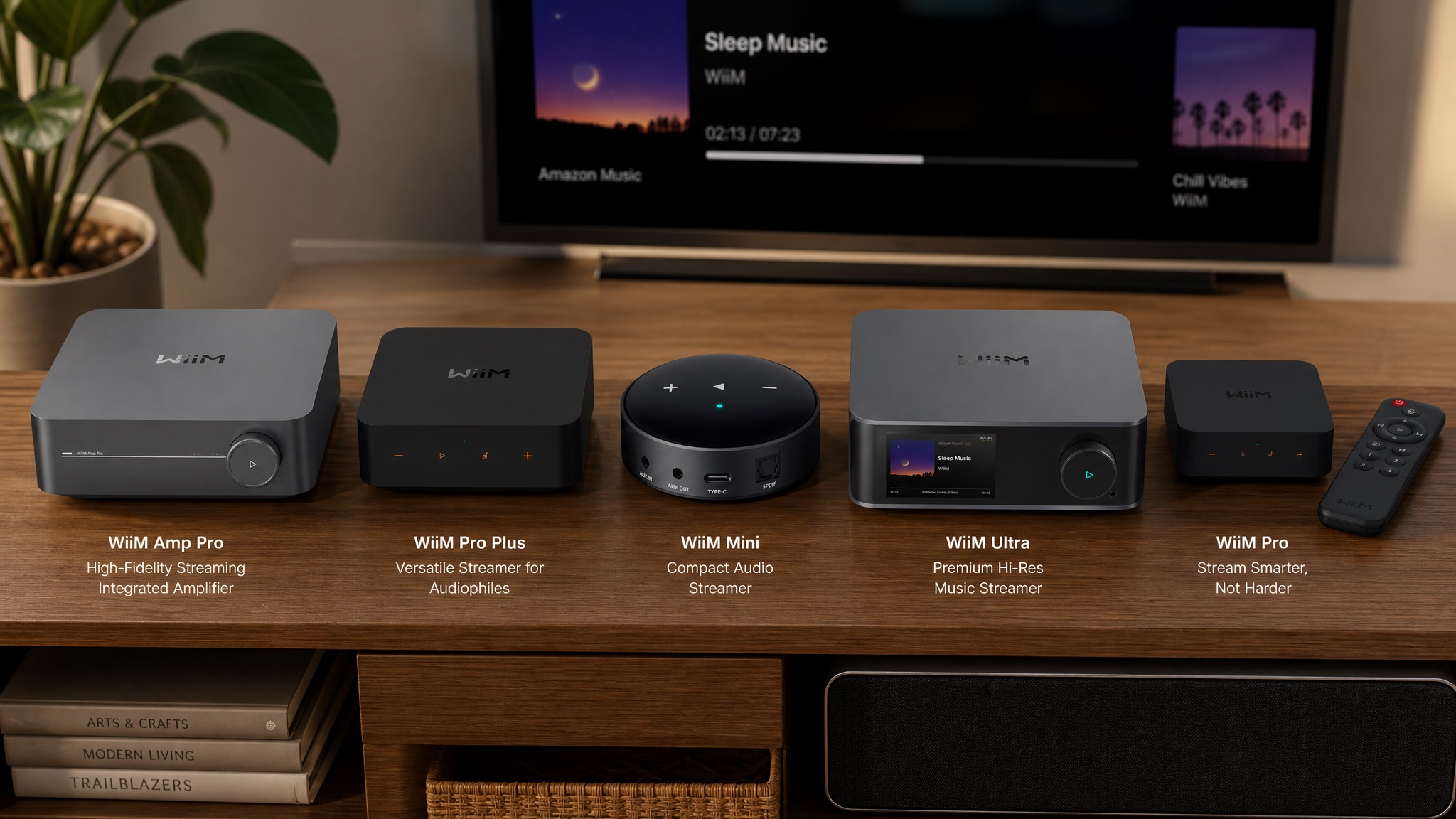 A collection of WiiM audio products on a wooden cabinet, including WiiM Amp Pro, WiiM Pro Plus, WiiM Mini, WiiM Ultra, and WiiM Pro with remote.