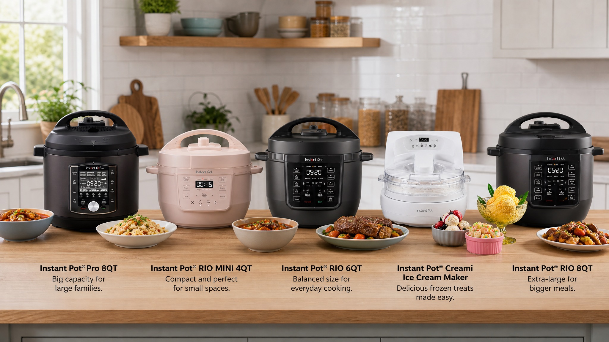 A product lineup of five Instant Pot appliances arranged on a kitchen counter, including the Pro 8QT, RIO Mini 4QT, RIO 6QT, Creami Ice Cream Maker, and RIO 8QT models.