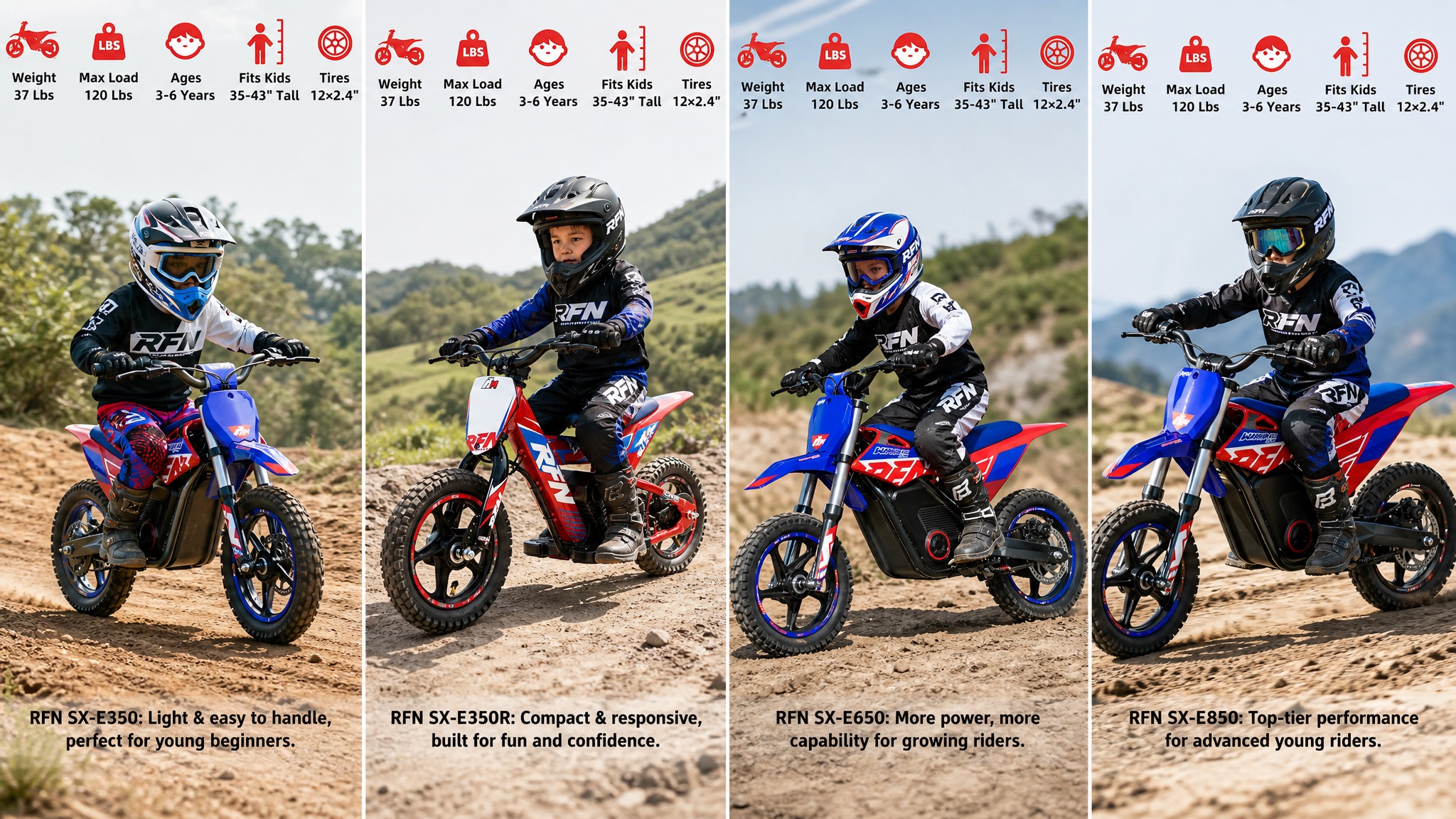 Product lineup comparison chart for RFN youth electric dirt bikes, showcasing four models side-by-side: RFN SX-E350, SX-E350R, SX-E650, and SX-E850, with children in full safety gear.
