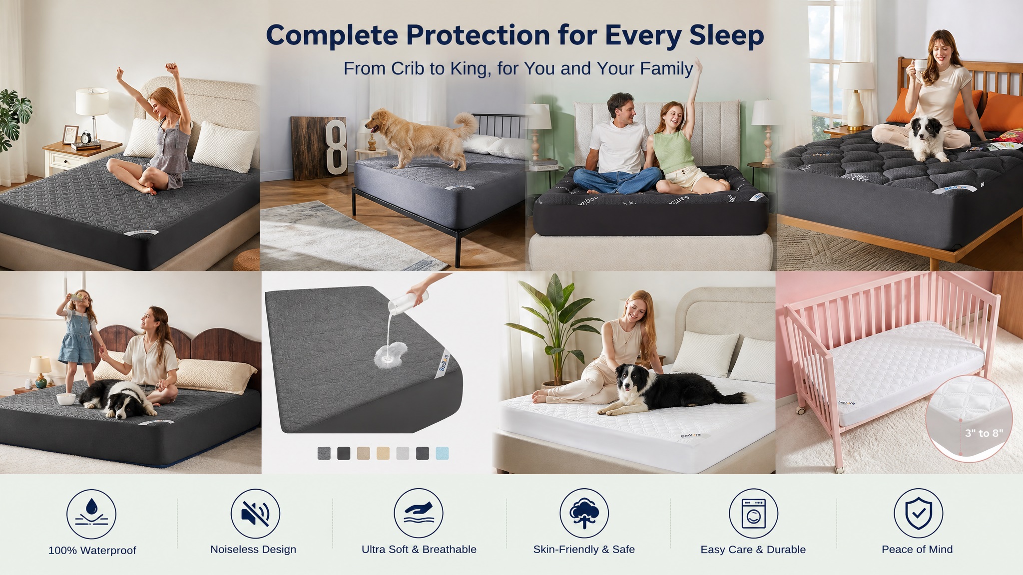 Collage image titled "Complete Protection for Every Sleep" showing BEDLORE's full line of bedding accessories, including grey and white mattress protectors, thick black toppers, and crib protectors, emphasizing family-oriented safety and comfort.