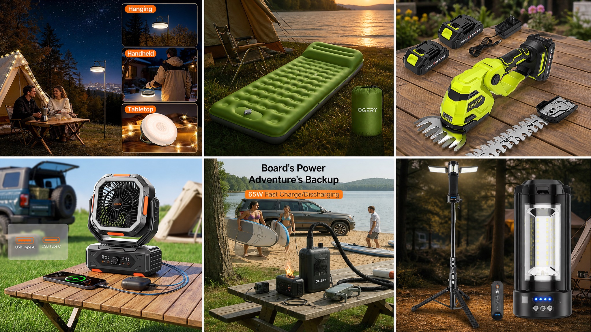 Product Grid for OGERY Outdoor Solutions: 1. Camping Lantern usage (hanging, handheld, tabletop), 2. Sleeping Pad with carry bag, 3. Hedge Trimmer with blades and batteries, 4. Portable Fan with phone charging, 5. Power Station with paddleboards and drone, 6. Tripod Lantern with remote.