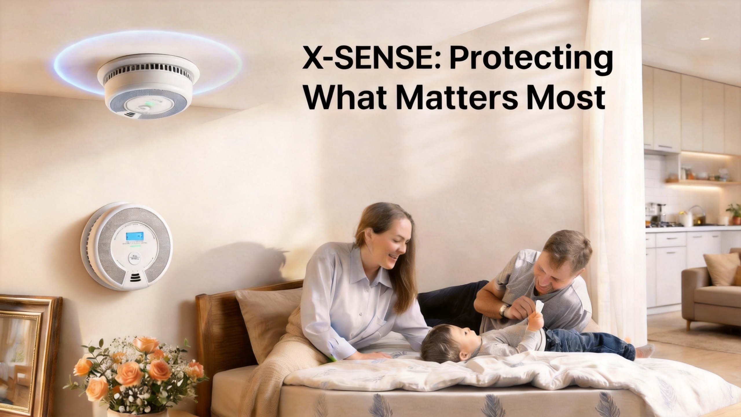 Lifestyle promotional banner titled 'X-SENSE: Protecting What Matters Most', showing a happy mother, father, and toddler laughing together on a bed, with two distinct X-Sense home safety alarms mounted on the ceiling and bedroom wall.