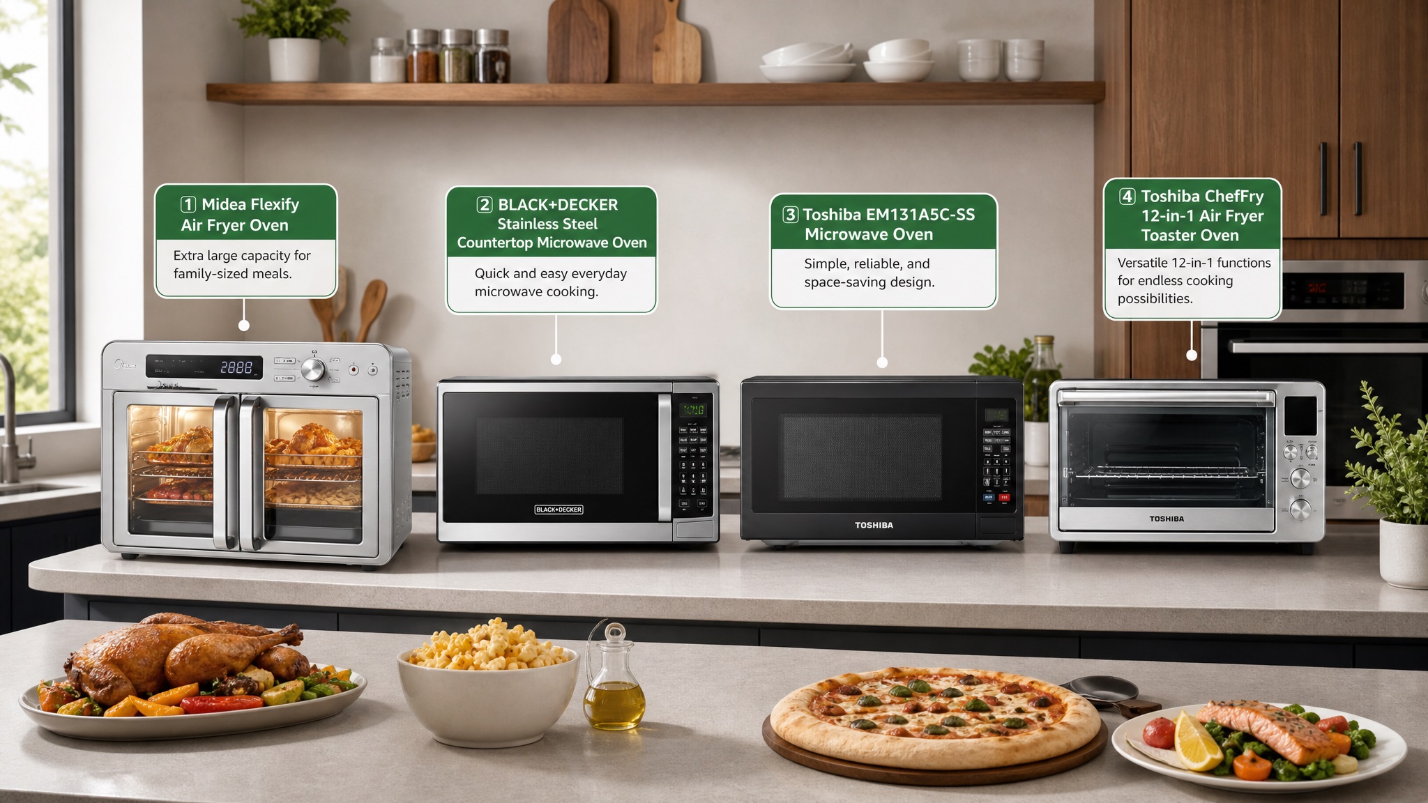 A four-panel photo grid showcasing the Toshiba Air Fryer Toaster Oven in various culinary and lifestyle settings. Top-left: A smiling couple eating dinner together with the oven visible in the background. Top-right: A golden-brown whole roasted chicken with vegetables baking inside the lit oven. Bottom-left: A freshly baked pepperoni pizza sitting on the wire rack inside the oven. Bottom-right: A woman in a kitchen sliding a pizza on a wire rack into the compact toaster oven.