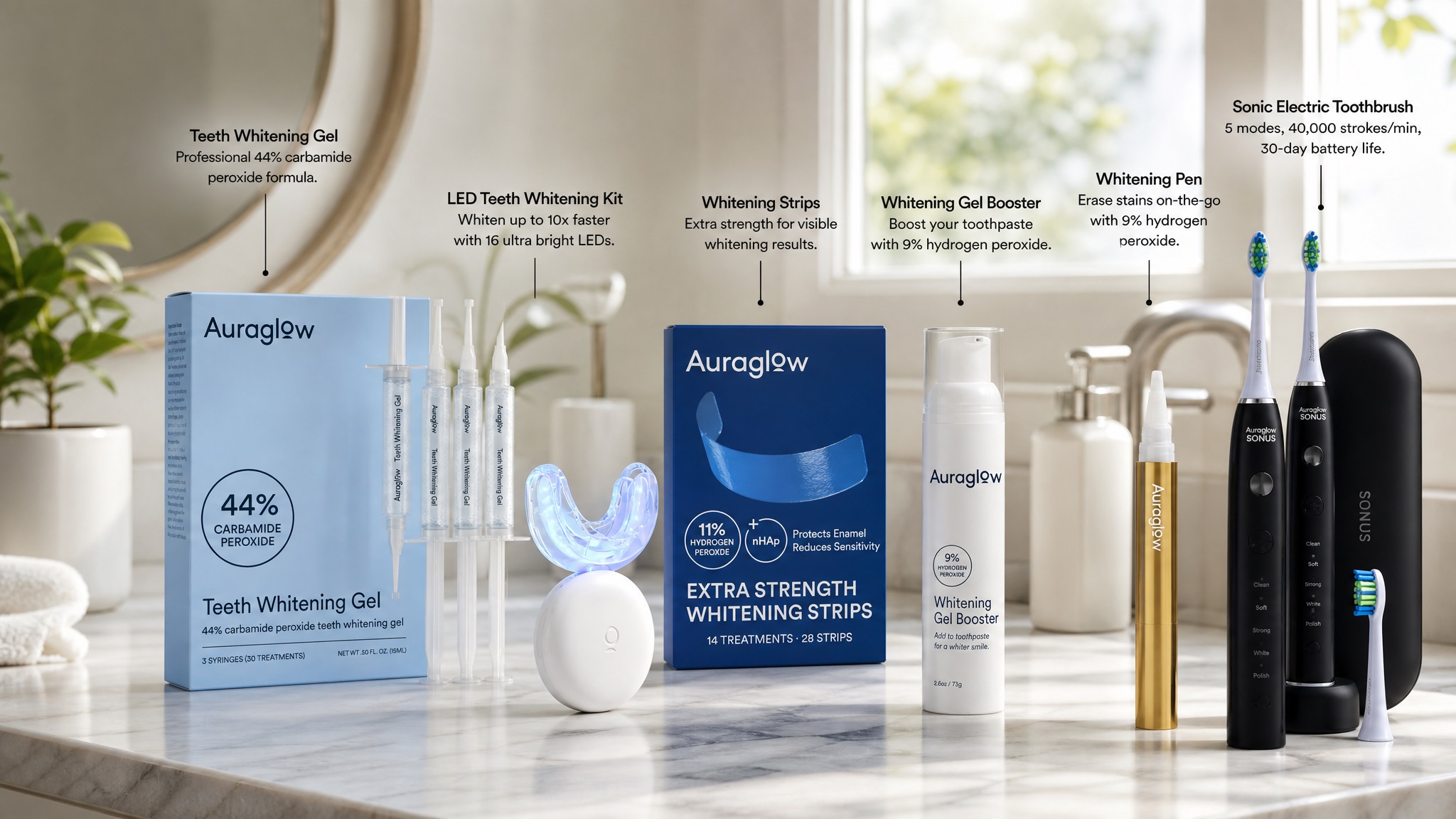 Complete Auraglow at-home oral care product lineup arrayed on a marble vanity, with descriptive text lines labels indicating the Whitening Gel, LED Kit, Strips, Gel Booster, Pen, and Sonic Toothbrush.