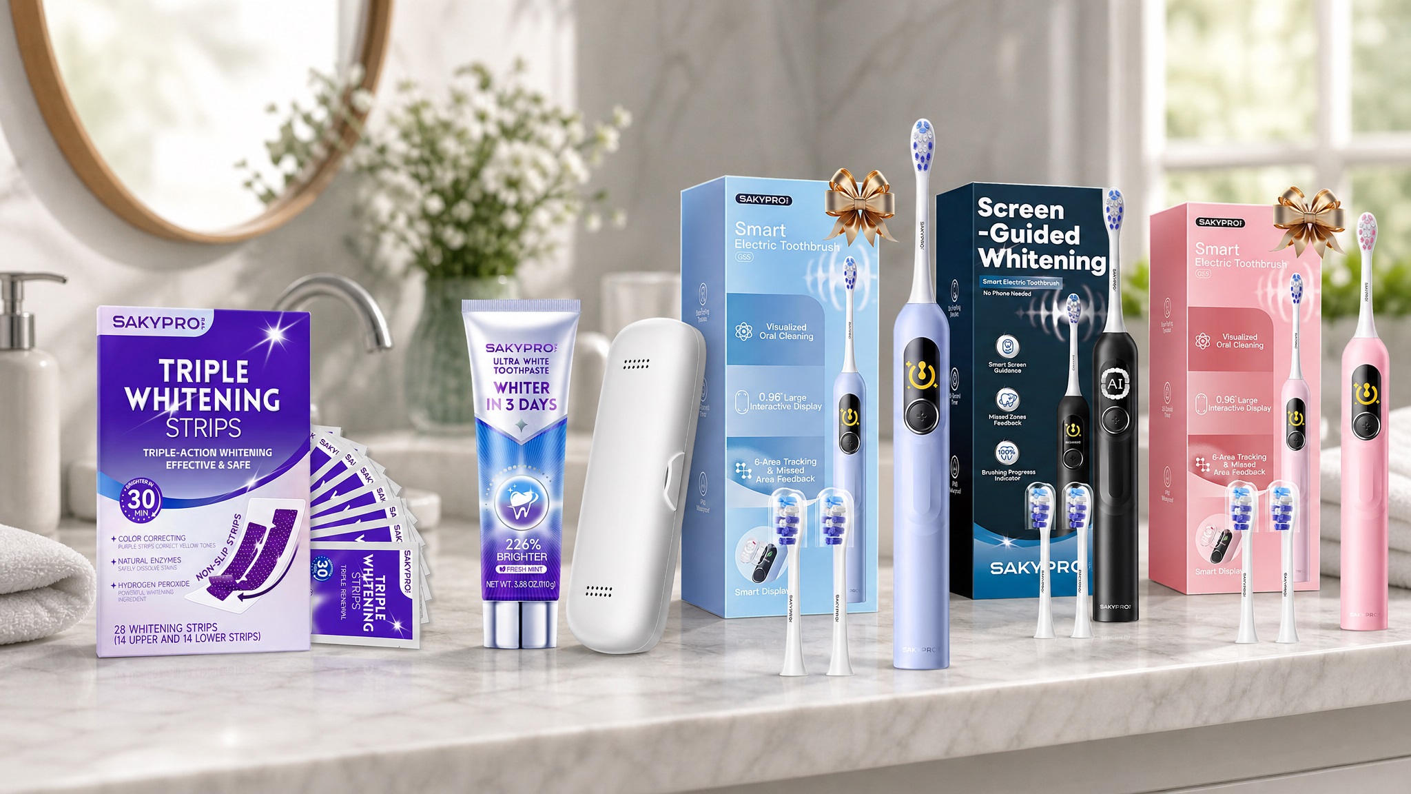 Complete SAKYPRO oral care product lineup aligned on a marble counter, including purple whitening strips, color-correcting toothpaste, and three smart electric toothbrushes in purple, black, and pink with their respective cases.