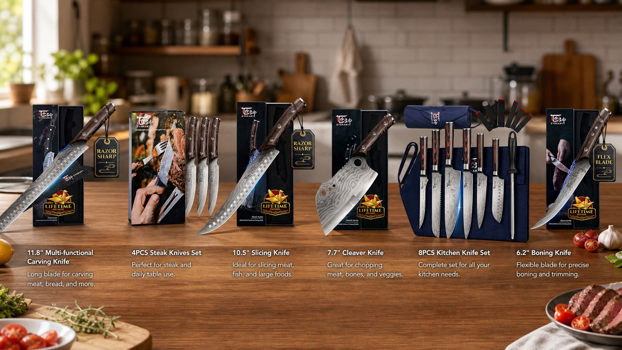 A lineup of premium SYOKAMI kitchen knives on a wooden countertop, including a carving knife, steak set, slicing knife, cleaver, 8-piece set, and boning knife.