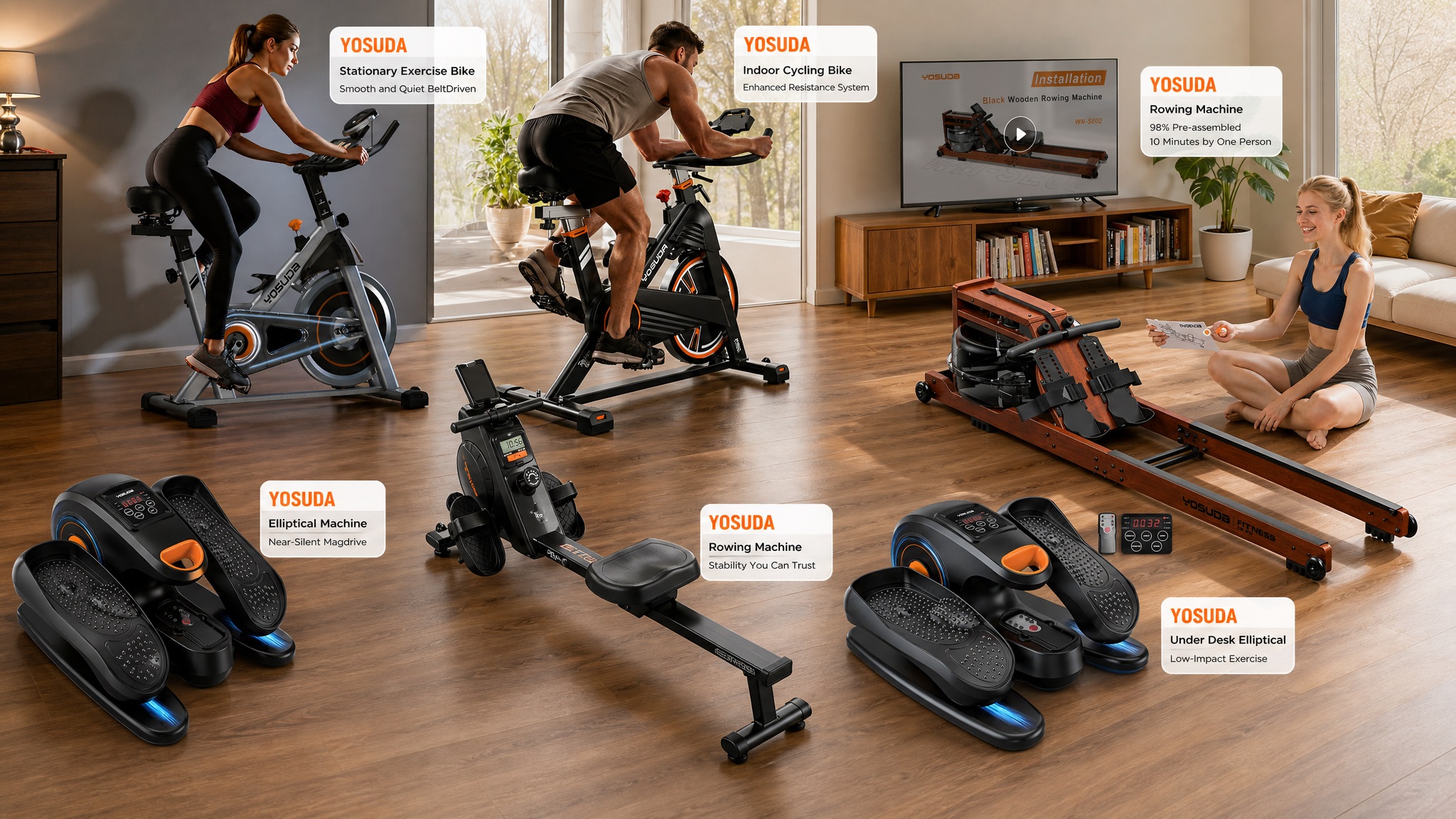 A lifestyle product lineup showcase of YOSUDA home fitness equipment arranged on a polished wooden floor, including stationary exercise bikes, wooden and magnetic rowing machines, and under-desk ellipticals.