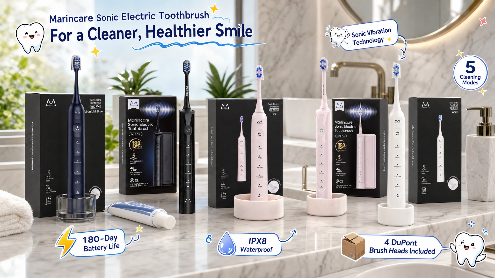 An advertising image for the Marlincare Sonic Electric Toothbrush line. It showcases toothbrushes and their packaging boxes in Midnight Blue, Black, Pink, and White colors, set against a modern bathroom background. The top text reads "For a Cleaner, Healthier Smile," and the bottom notes features like 180-day battery life, IPX8 waterproof rating, and 4 DuPont brush heads included. Cute cartoon teeth and sparkle icons add a playful touch.